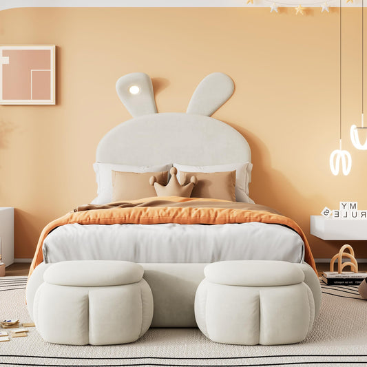 Soweiz Cama tapizada, cama individual, con orejas de conejo y tiras de luz de color cálido con brillo ajustable, con dos cajones de almacenamiento, cama infantil con somier de madera, terciopelo
