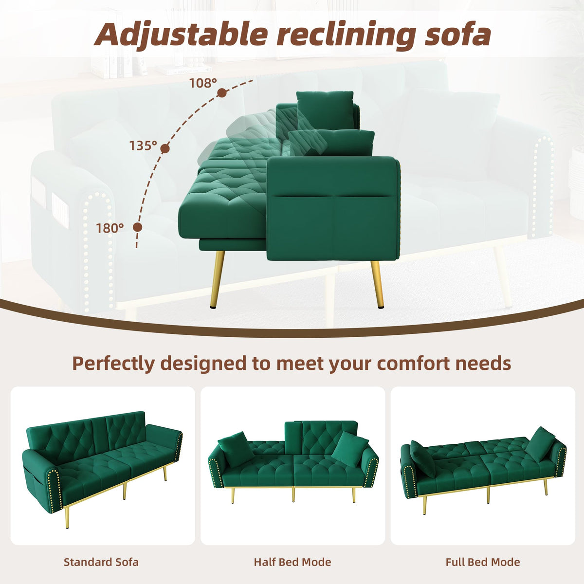 Azkoeesy Sofá cama de 2 plazas con soporte para bebidas, 175 cm, sofá cama con función de dormir, respaldo ajustable en 3 posiciones, patas metálicas doradas y remaches, para sala de estar y cine en