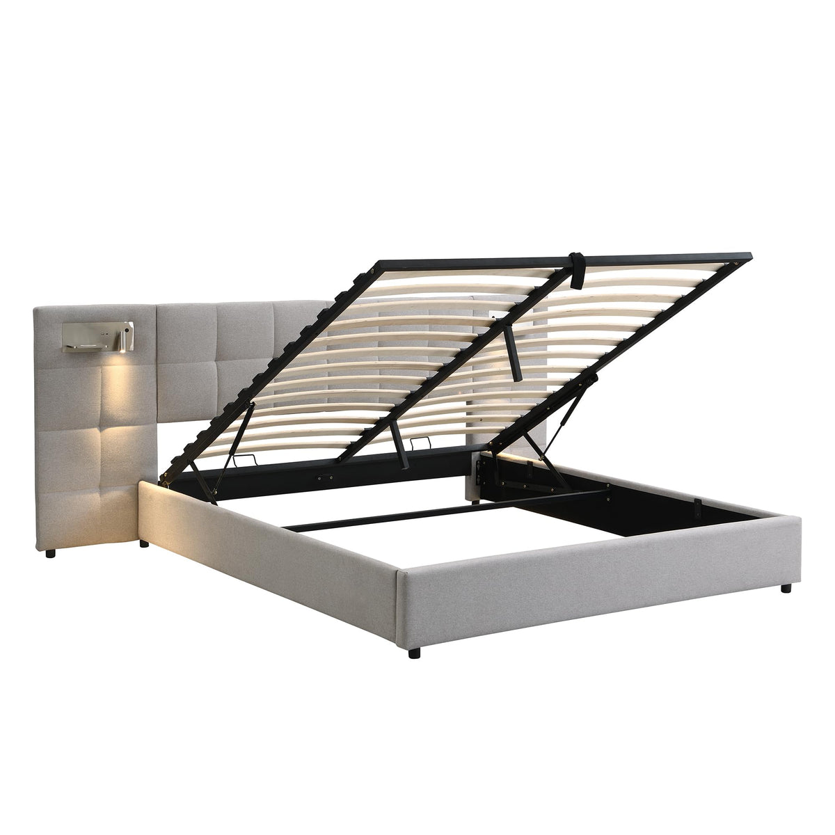 Cama 180x200 cm Camas Matrimoniales con LED y Lámpara de Noche, Cama Doble Tapizada con USB y Cabecero Ancho, Almacenaje Hidráulico, Soporte de Lamas de Madera, Terciopelo, Sin Colchón, Gris