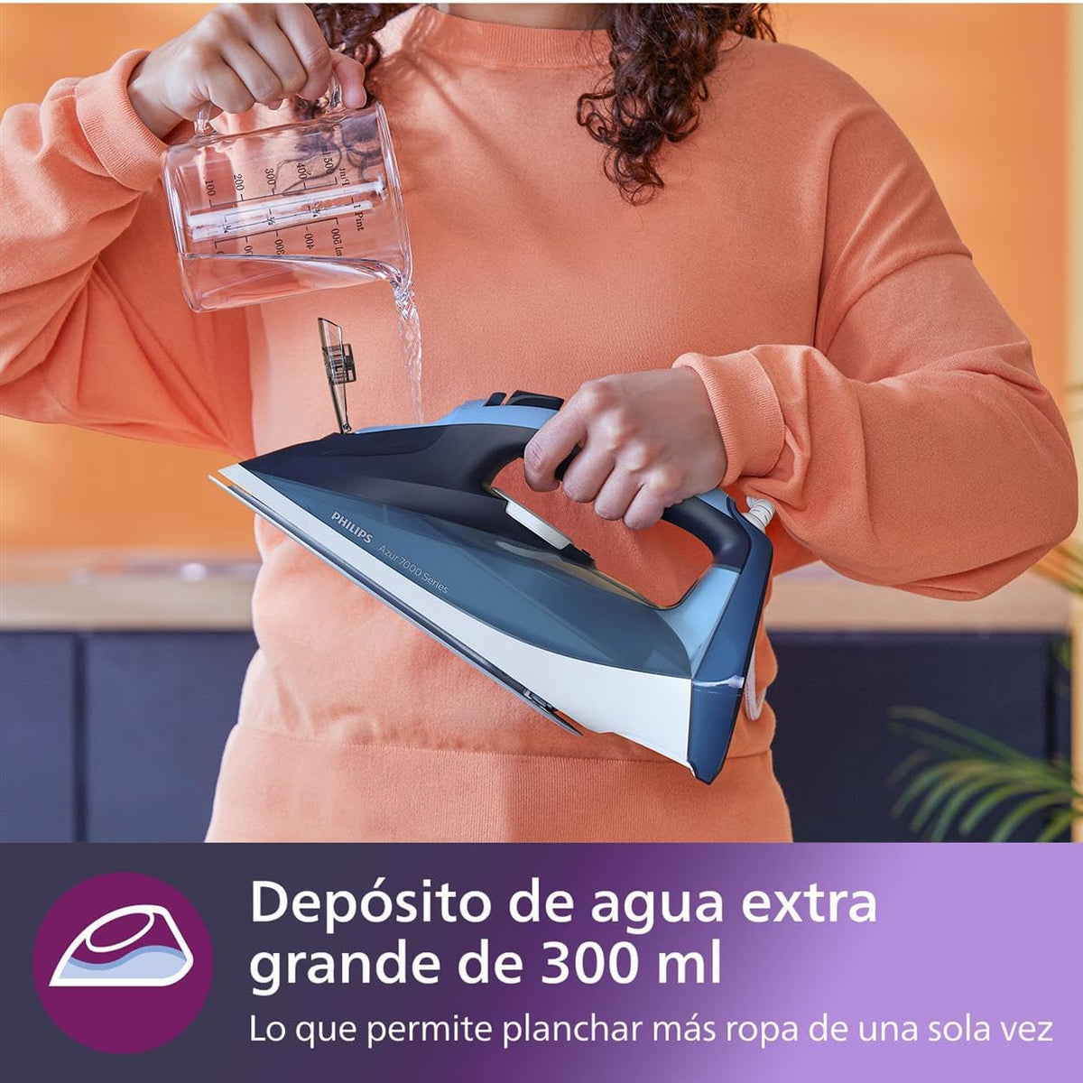 Philips Azur Series 7000 Plancha de vapor - 2800 W, 50 g/min de vapor continuo, 250g de golpe de vapor, vapor vertical, suela SteamGlide Plus, Louros/Algodón Azul (DST7020/20)
