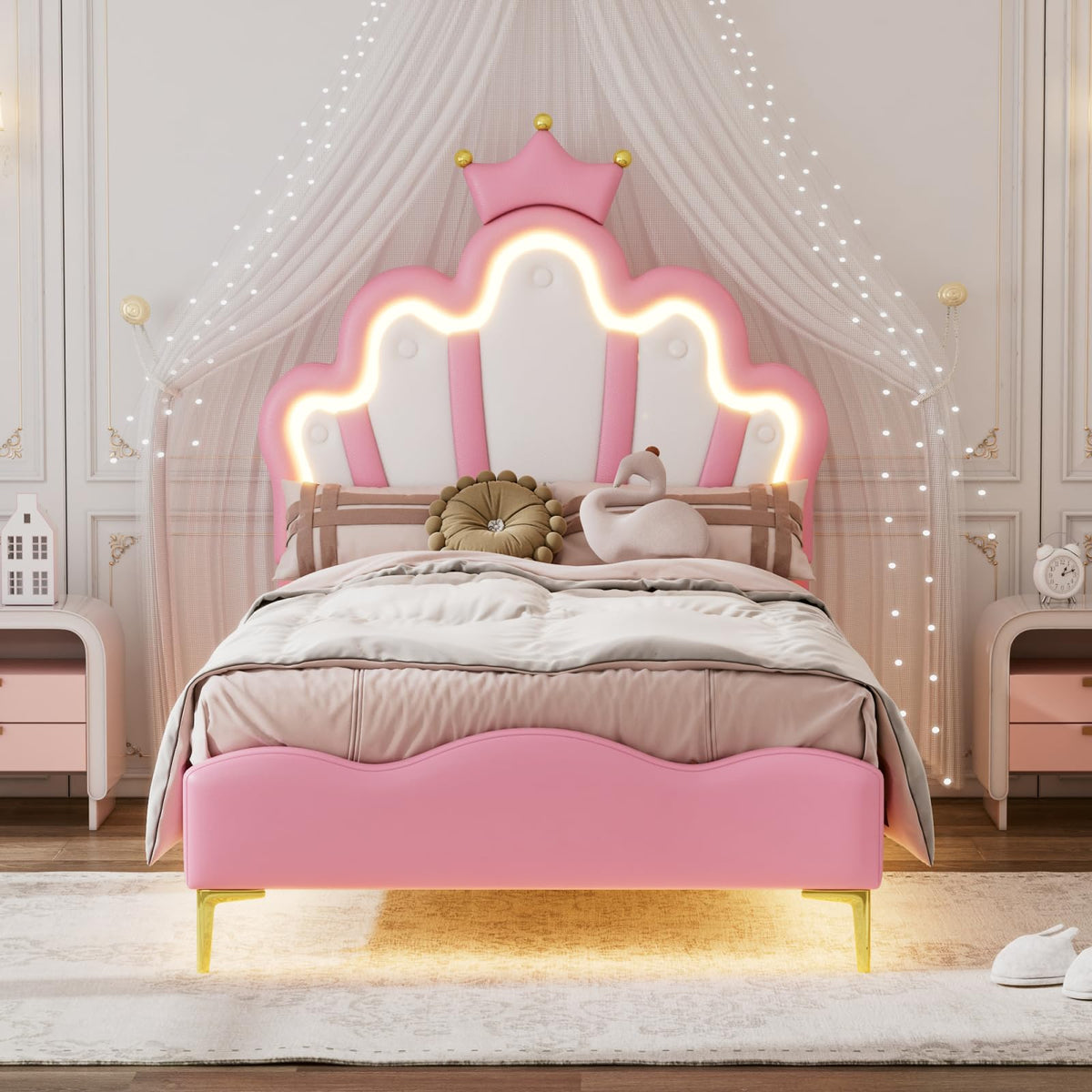 LIVLUX Cama Tapizada 90 x 200 cm, Cama Princesa con Cabezal LED Ajustable y Somier de Lamillas, Cama para Niña, Diseño en Forma de Corona para Niños y Adolescentes (Rosa, 90 x 200 cm)