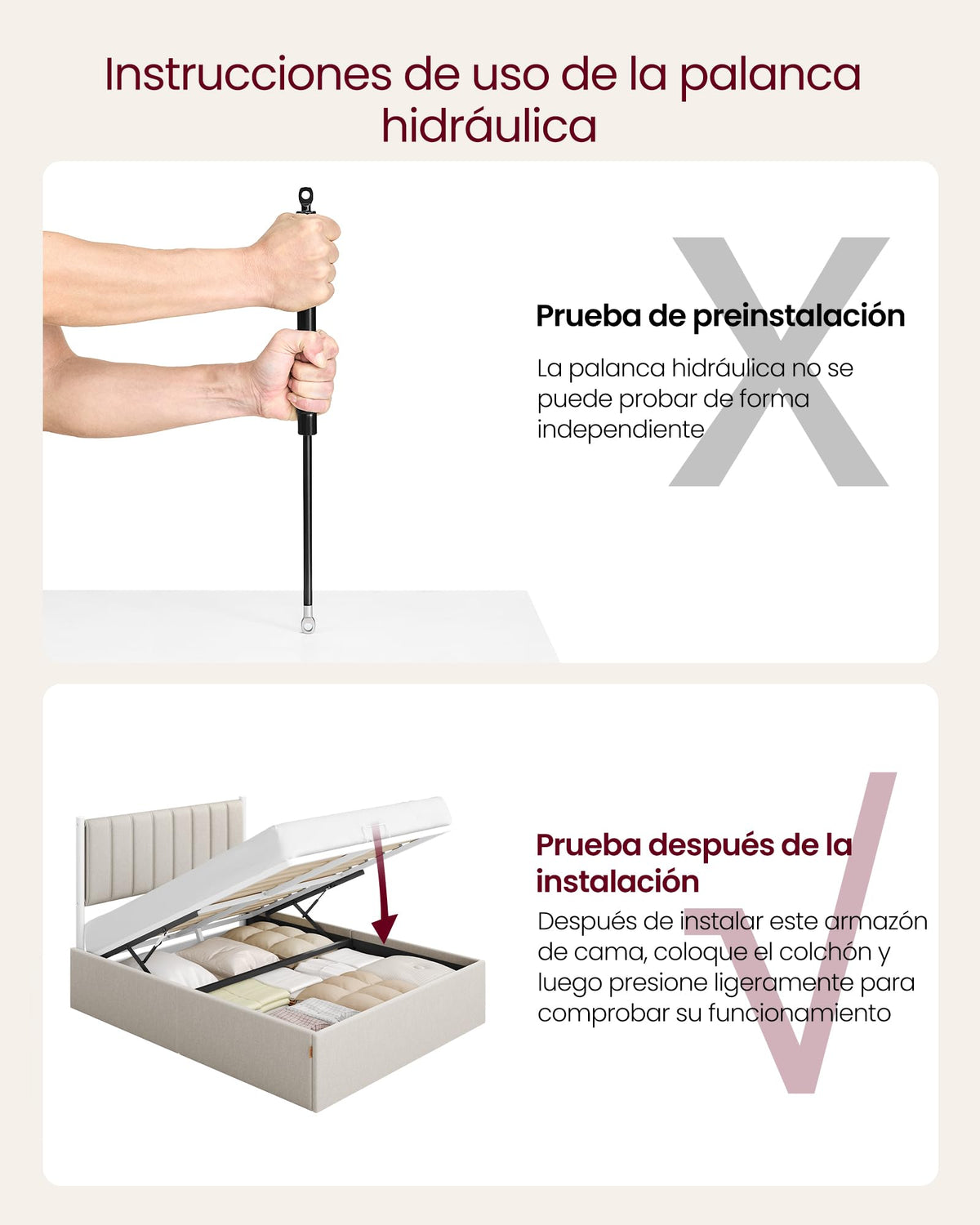 VASAGLE Estructura de Cama, 160 x 200 cm, Cama Elevable, 2 Personas, con Almacenaje, Cabecero, Sistema Hidráulico, Moderno y Minimalista, Fácil Montaje, Beige Capuchino RMB615LH01