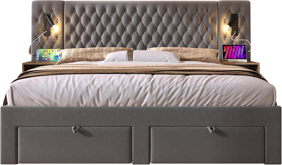 Juego completo de cama para dormitorio, cama doble tapizada de 160 x 200 cm, con 2 mesitas de noche y 4 cajones, cabecero de luz de lectura con función de carga USB, terciopelo, sin colchón