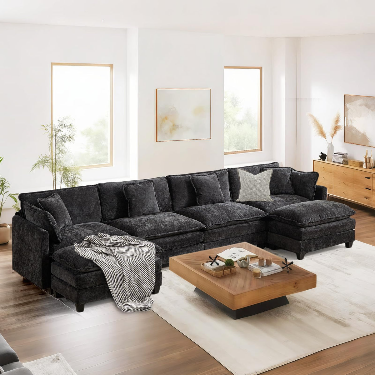 Sofá de salón modular 4 plazas 380cm, chenilla azul con cojines dobles