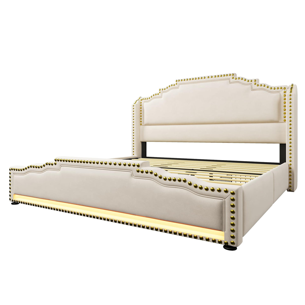 Cama tapizada de 160 x 200 cm, cama doble con 4 cajones, iluminación LED y puerto de carga USB-C, cama de almacenamiento y cama juvenil con somier, terciopelo, beige, sin colchón