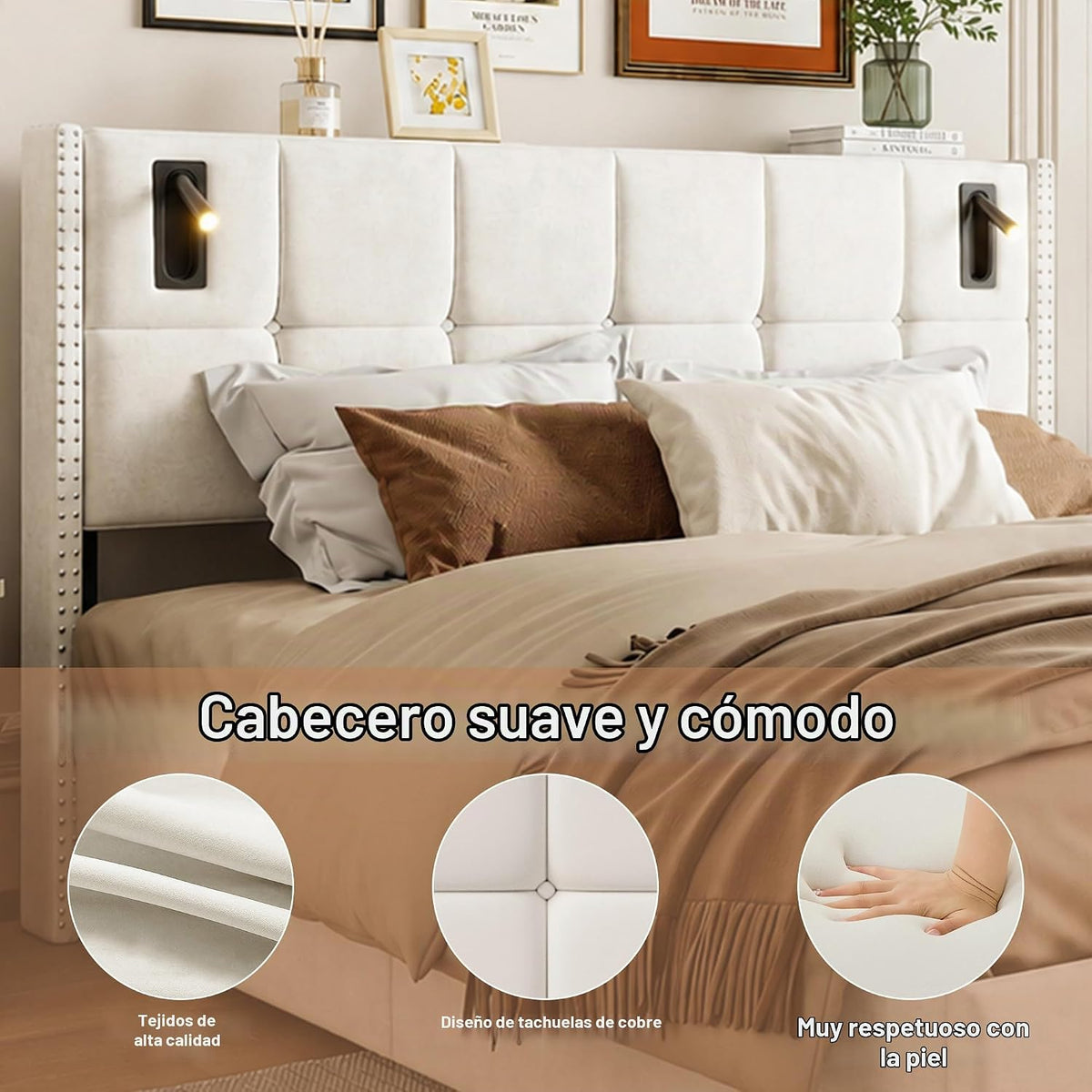 BRILVERDE Cama Tapizada 160x200 con Almacenamiento hidráulico, Cama matrimonial con lámpara de mesita, Cabecero Acolchado y Base de Láminas, Terciopelo (Beige, 160 x 200 cm)