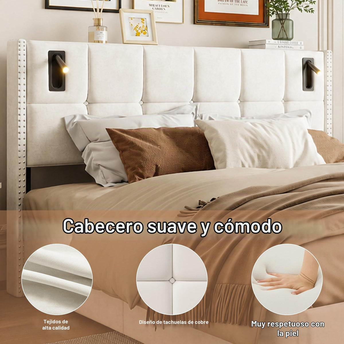BRILVERDE Cama Tapizada 160x200 con Almacenamiento hidráulico, Cama matrimonial con lámpara de mesita, Cabecero Acolchado y Base de Láminas, Terciopelo (Beige, 160 x 200 cm)