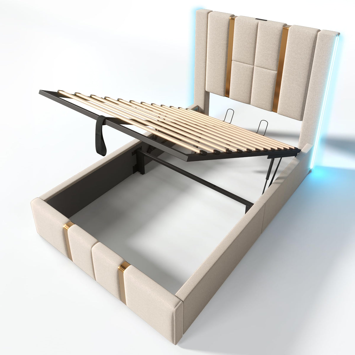 Cama tapizada doble USB tipo C función de carga APP Control LED 180 × 200 cm espacio espacio cama somier de láminas de madera, material de lino beige (sin colchón)