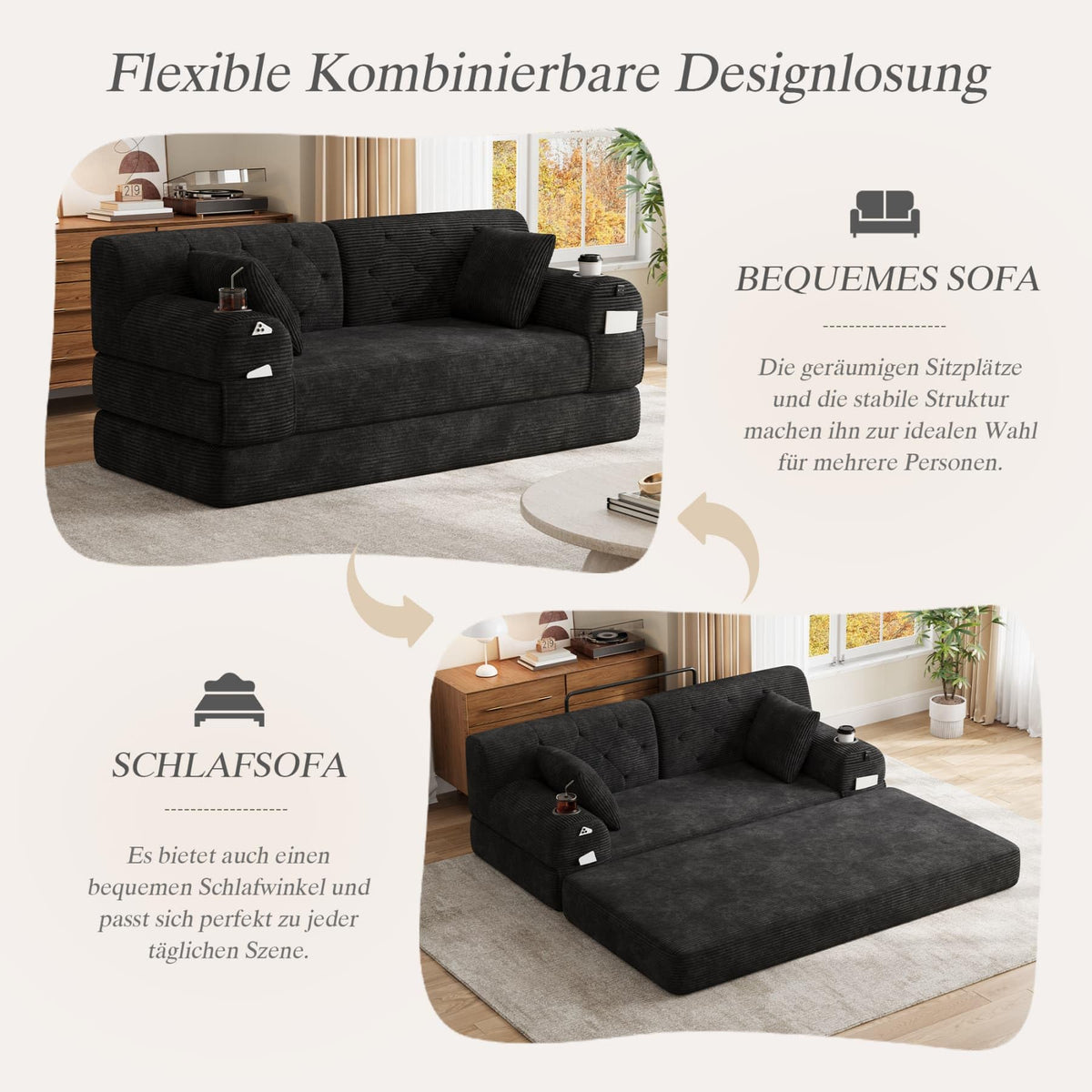 YEHTOKHOME - Sofá de Velor acanalado con respaldo alto y estructura metálica, sofá moderno de 2 plazas con 2 portavasos y 4 bolsillos laterales, para salón, dormitorio (Beige)