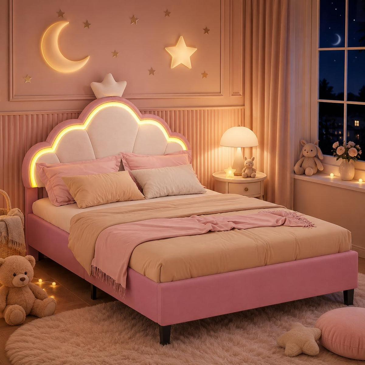 LIVLUX Cama Tapizada 90 x 200 cm, Cama Princesa con Cabezal LED Ajustable y Somier de Lamillas, Cama para Niña, Diseño en Forma de Corona para Niños y Adolescentes (Rosa, 90 x 200 cm)