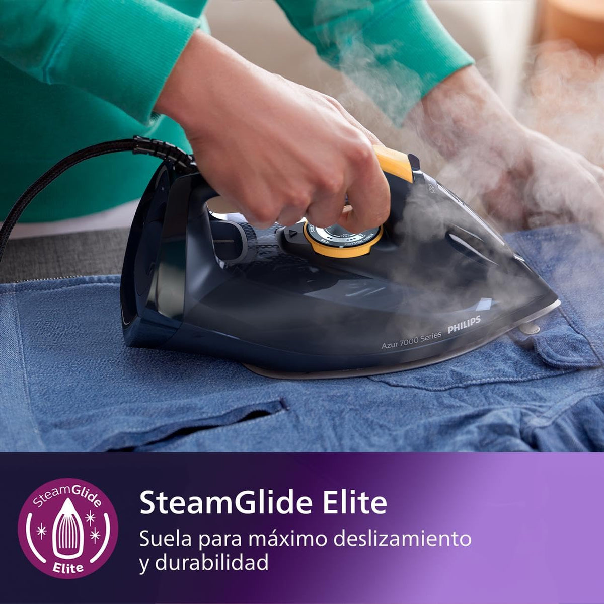 Philips Azur Series 7000 Plancha de vapor - 2800 W, 50 g/min de vapor continuo, 250g de golpe de vapor, vapor vertical, suela SteamGlide Plus, Louros/Algodón Azul (DST7020/20)
