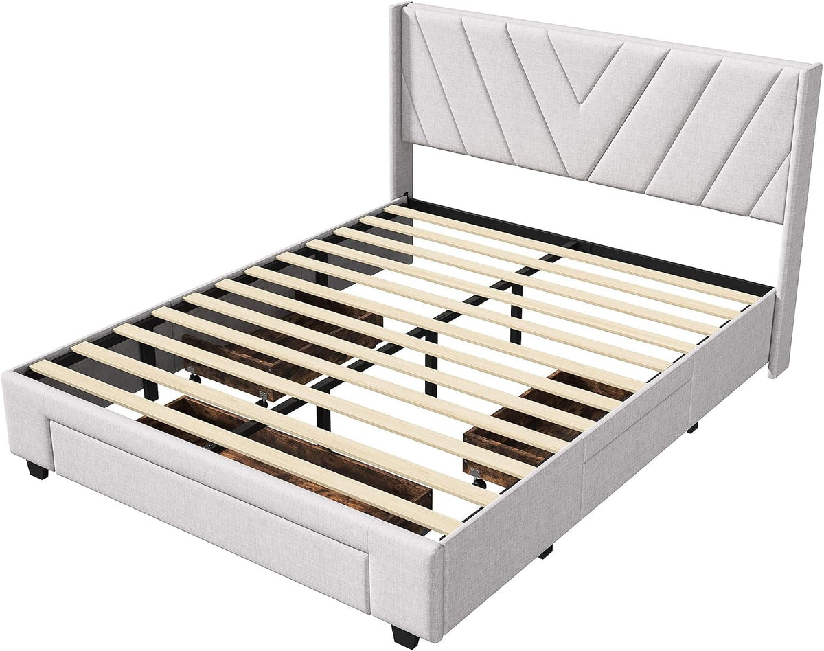 BRILVERDE Cama de matrimonio 160x200 cm, cama tapizada con 3 cajones, cama con cabecera y somier de láminas, sin colchón, lino (Beige(59), 160x200 cm)