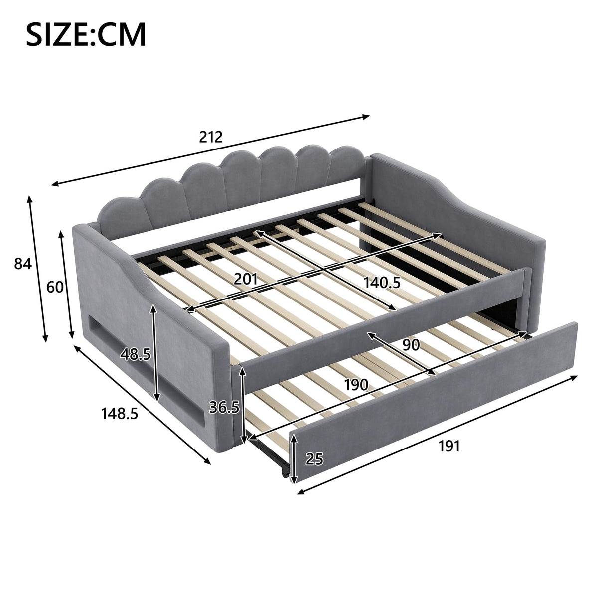 Cama acolchada de 140 x 200 cm con cinturón LED y cama nido (beige)