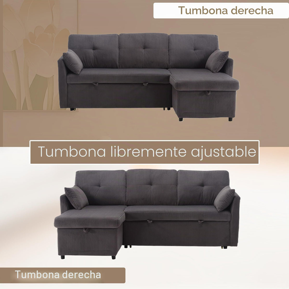 Lubvtti Sofá cama de 3 plazas moderno con función de cama, con espacio de almacenamiento, cargador USB, reposabrazos portaobjetos y 2 cojines, sofá de esquina en L, sofá de 3 plazas, chenilla (C-gris)