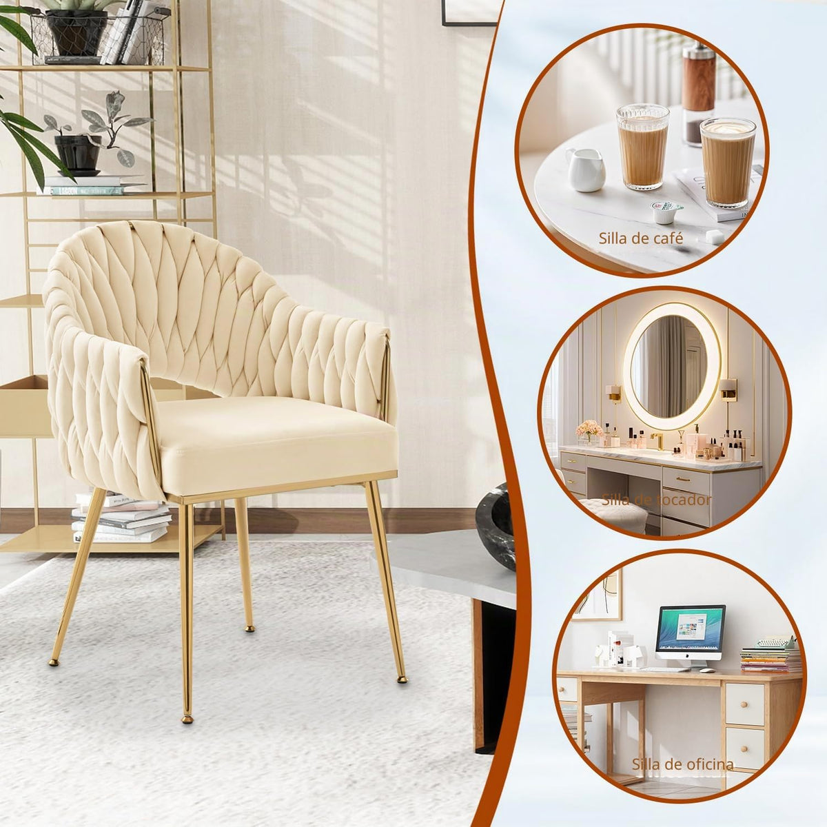 Juego de 4 sillas de comedor de terciopelo, sillones de salón, sillas de comedor con reposabrazos, sillas de cocina con respaldo alto trenzado a mano, silla de tocador con patas doradas