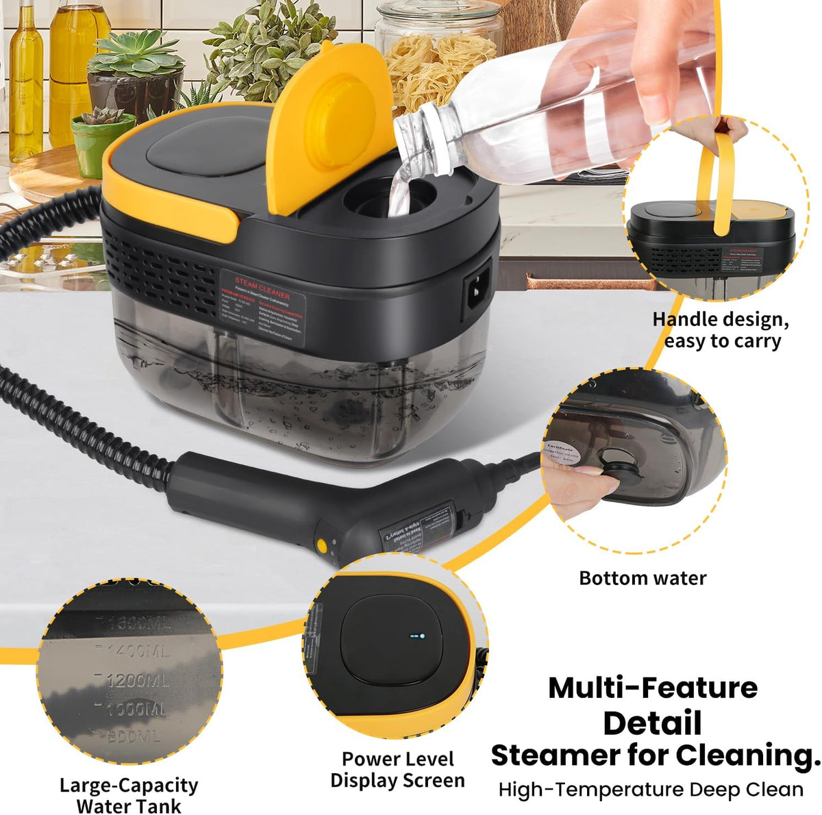 Vaporeta Limpieza Hogar 2500W, Depósito de Agua 1600ML, Mango Regulable en 3 Niveles, Alta Temperatura 105℃ y Presión 3Bar, Calentamiento Rápido 15s, 10 Accesorios, para Coche, Cocina (Amarillo)