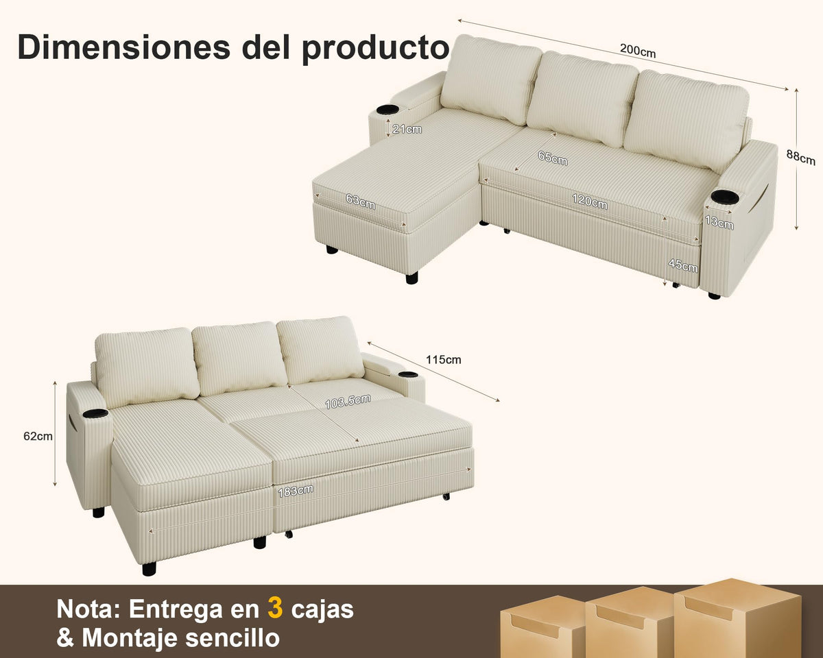 Devoko Sofá Cama L 3 plazas Azul Marino con almacén y portavasos, sofá Convertible Suave para salón y Piso, multifunción con Brazos amplios y Gran almacenaje