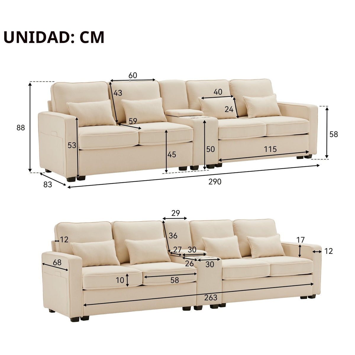 Sofá moderno de 4 plazas, en tejido de lino, soporte para bebidas, 2 puertos de carga USB con cable, bolsillos en reposabrazos y 4 cojines, sofá sencillo para sala de estar