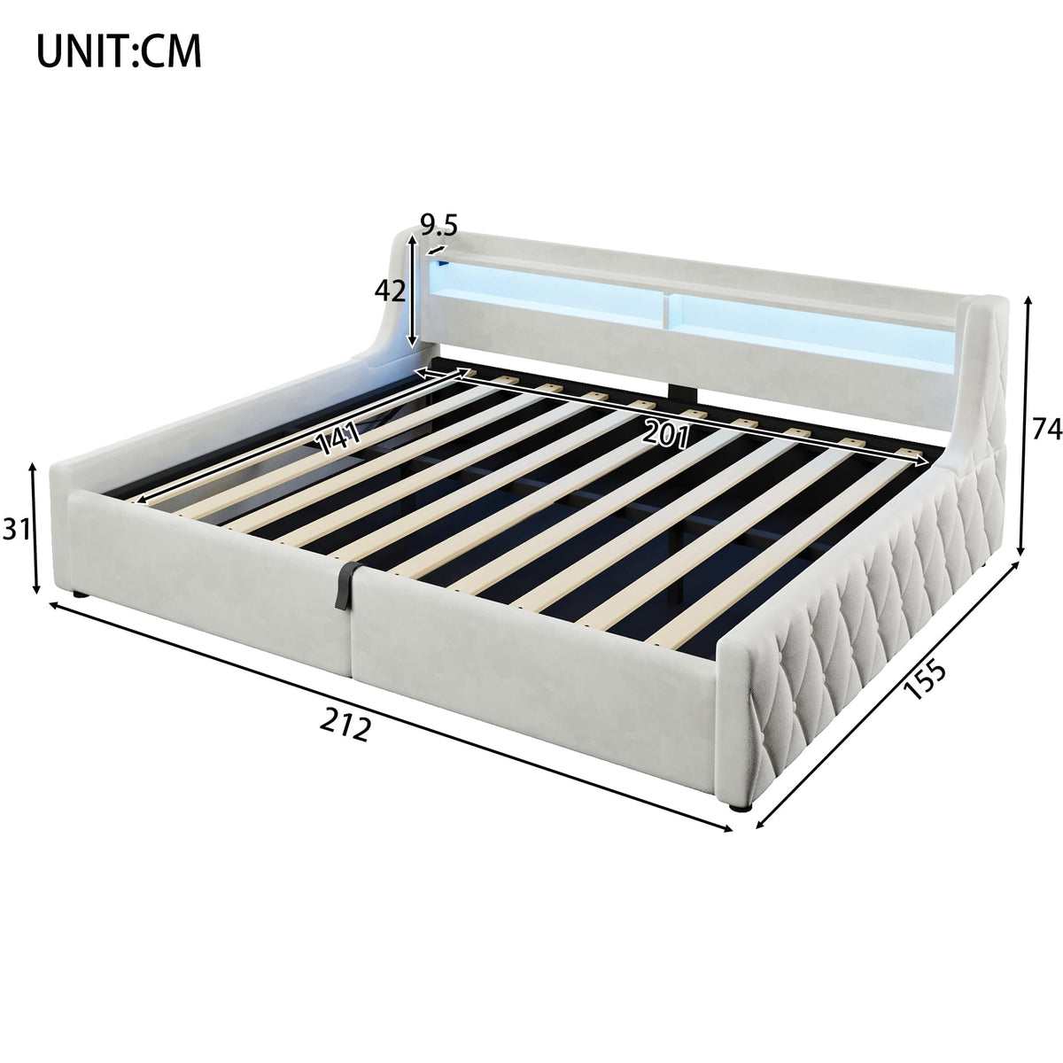 Cama con plataforma de terciopelo 90 x 200 cm, con espacio de almacenamiento hidráulico e iluminación LED (color crema, 90 x 200 cm)
