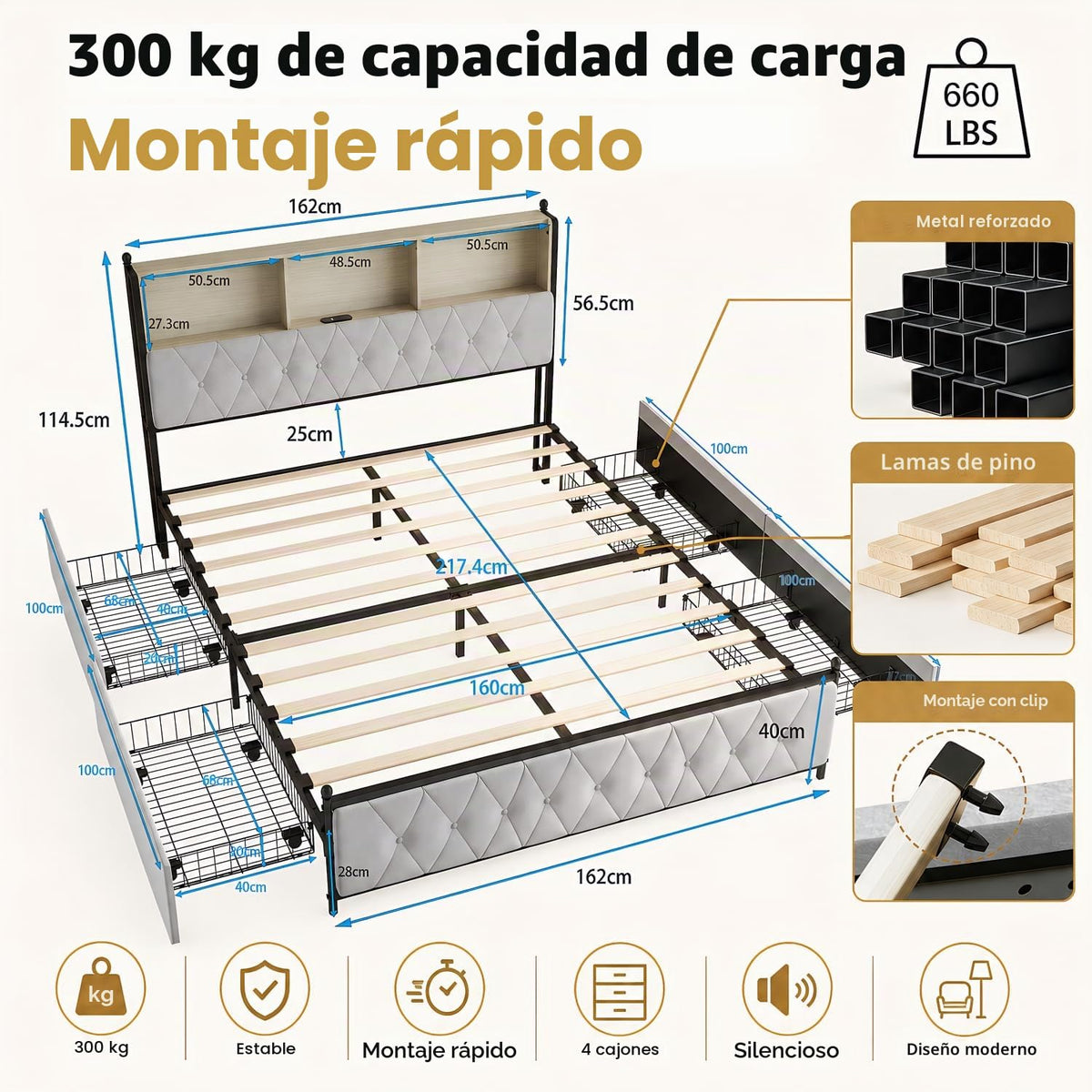 BRILVERDE Cama Tapizada 160x200 con Almacenamiento, Cama matrimonial con cajones, Cama Nido con LED, Cabecero Acolchado y Base de Láminas, Terciopelo (Beige, 160 x 200 cm)