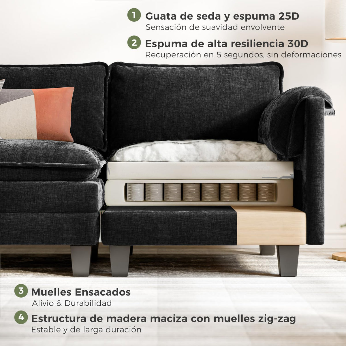 ELUCHANG Sofá Nube Modular 256cm, Sofá de 3 Plazas con Asiento Profundo 62cm, Montaje sin Herramientas, Sofá Moderno de Chenilla para Salón y Habitación, Gris Perla