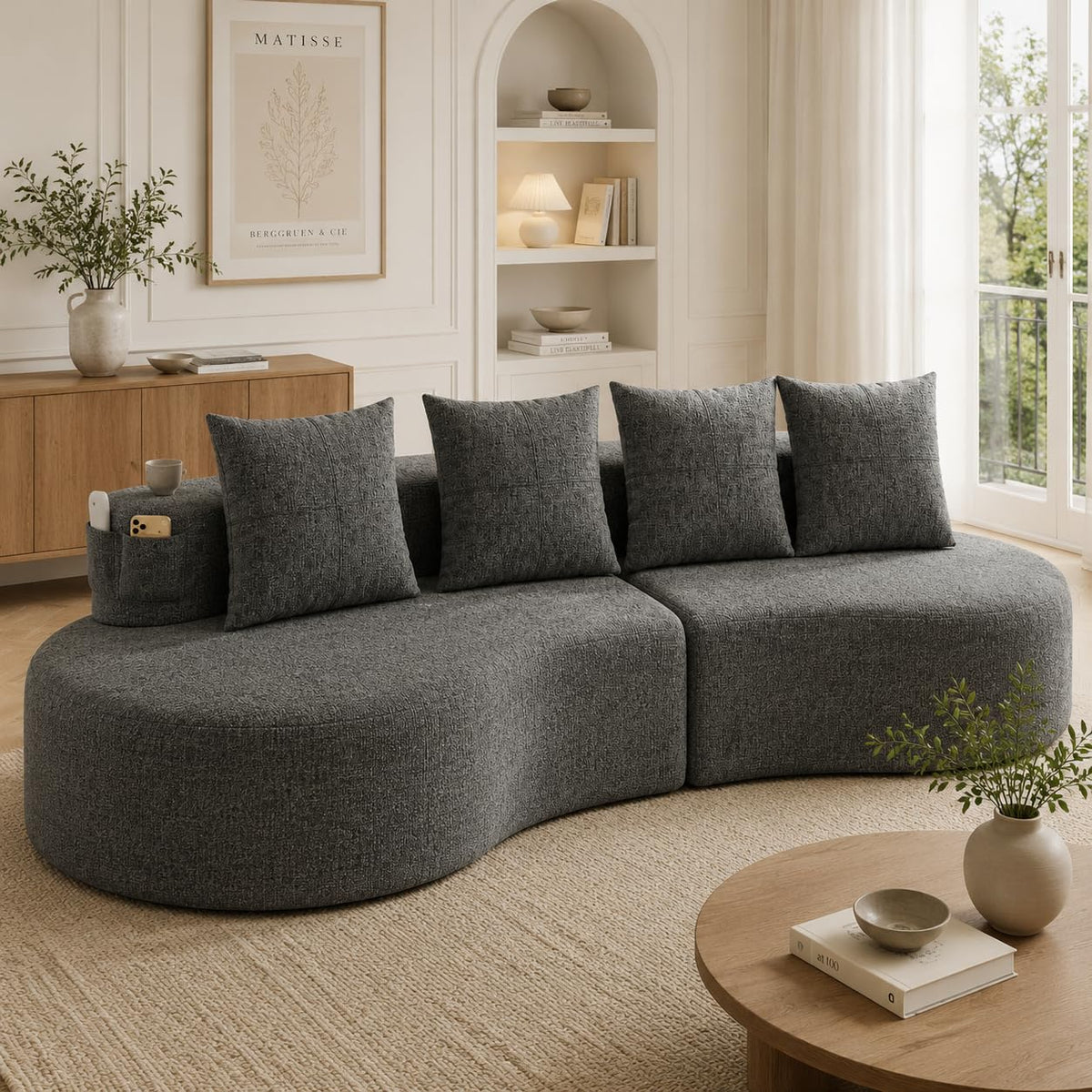 Bladez Sofá esquinero moderno curvado de 5 plazas, sofá modular de terciopelo, diseño curvado, cómodo sofá tapizado, cómodo sofá tapizado con cojines, adecuado para salón y apartamento, color blanco