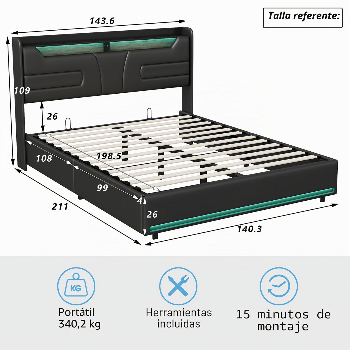Cama tapizada de 160 x 200 cm, cama doble LED con espacio de almacenamiento, cabecero y función de carga USB C, cama de almacenamiento hidráulico, respaldo con somier de láminas de madera