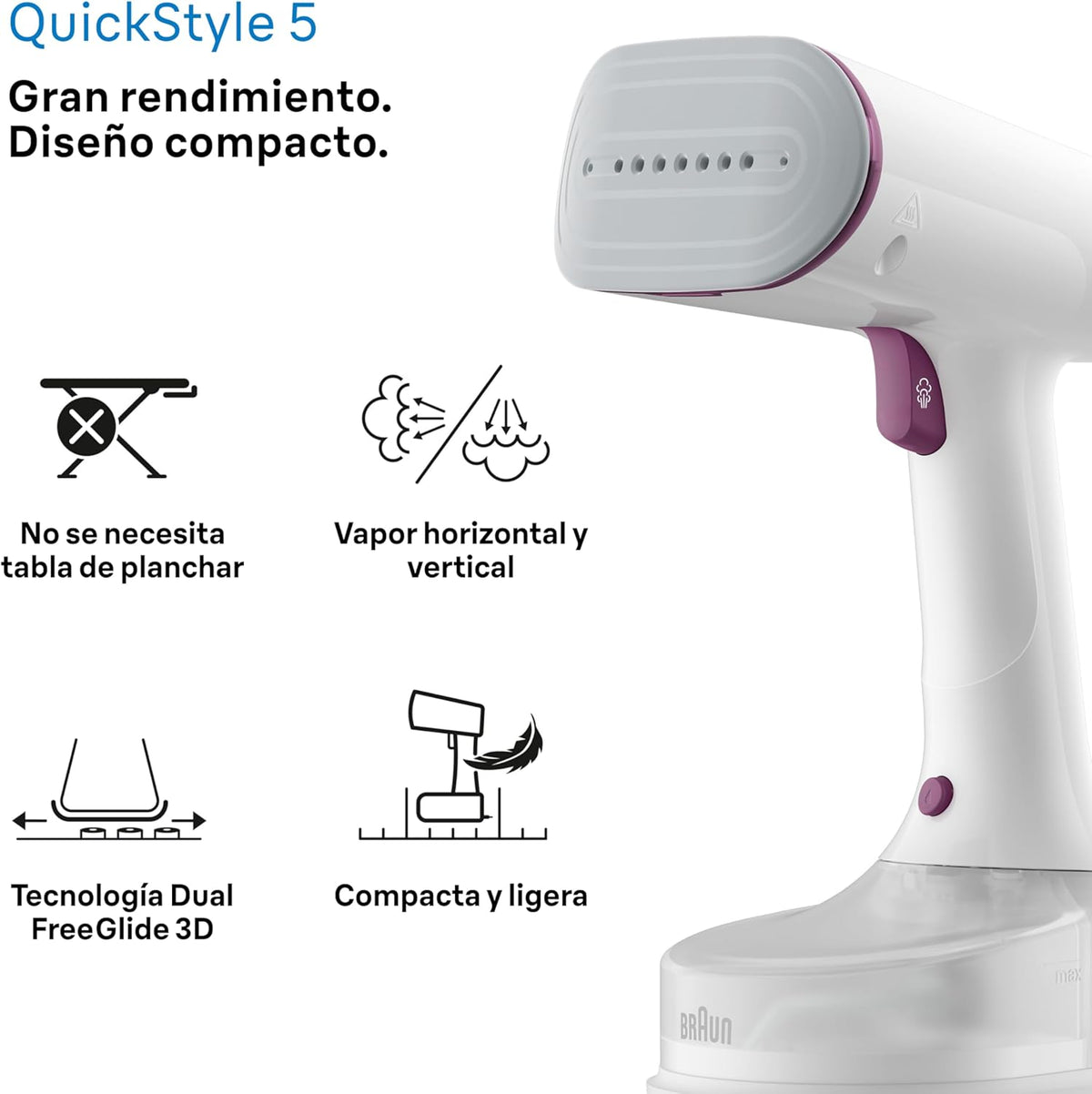 Braun QuickStyle 5 GS5011PU, Plancha Vertical con Doble Placa FreeGlide 3D, Steamer Vertical con Calentamiento Rápido, Vapor 22 g/min, Capacidad 150 ml, 1200W, Blanco/Violeta