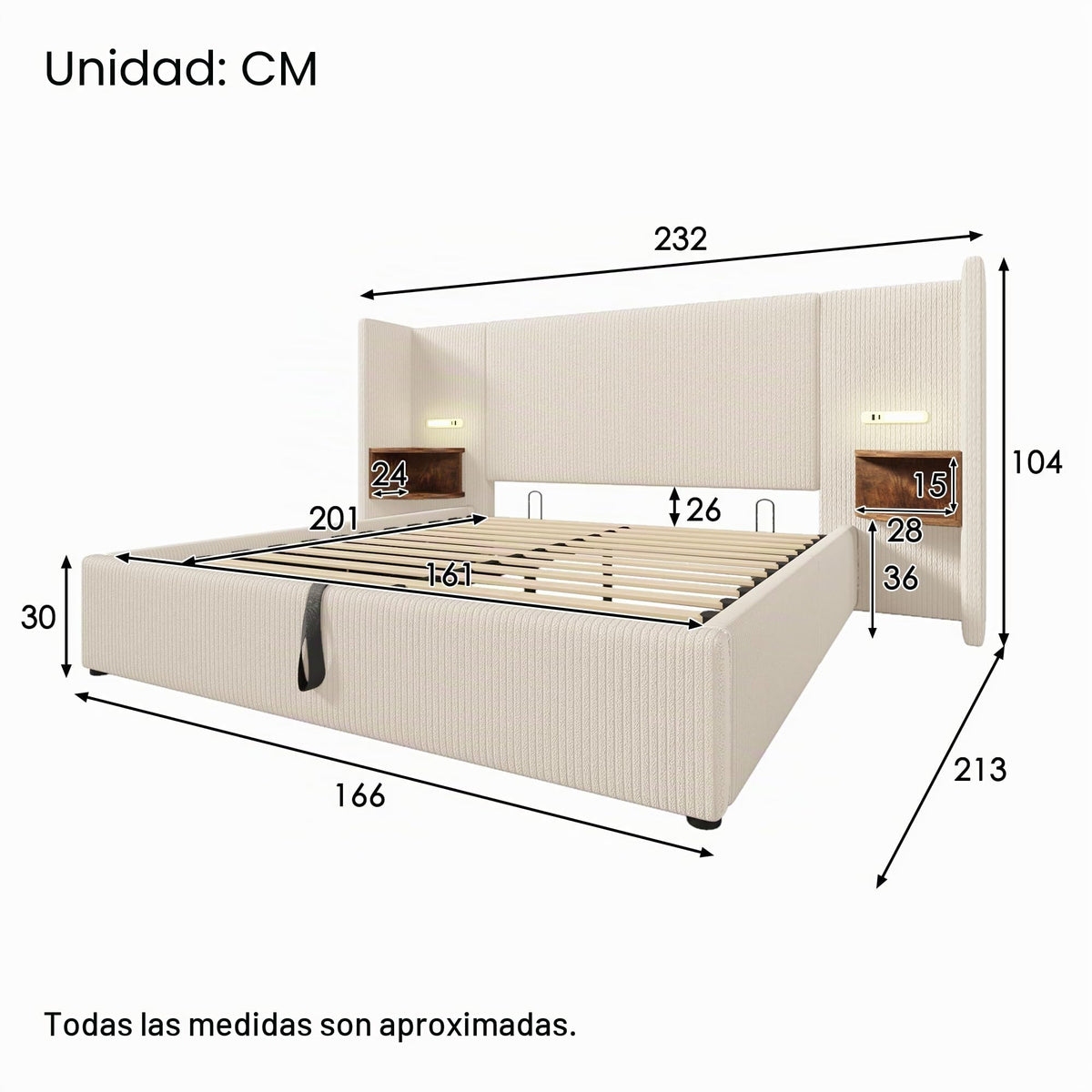 Camas Matrimoniales 160x200 con Cabecero Extendido y Espacio de Almacenaje Hidráulica, Cama Matrimonio con Lámpara de Lectura, Cama Doble con Puerto USB y Tipo C, Lino, Gris, Sin Colchón