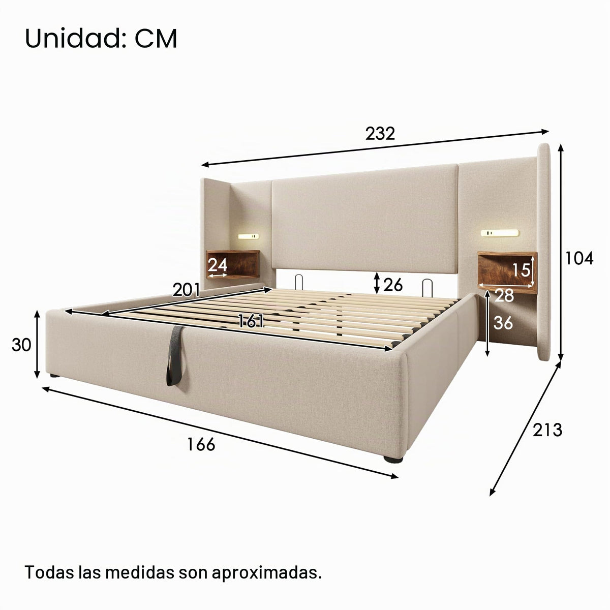 Camas Matrimoniales 160x200 con Cabecero Extendido y Espacio de Almacenaje Hidráulica, Cama Matrimonio con Lámpara de Lectura, Cama Doble con Puerto USB y Tipo C, Lino, Gris, Sin Colchón