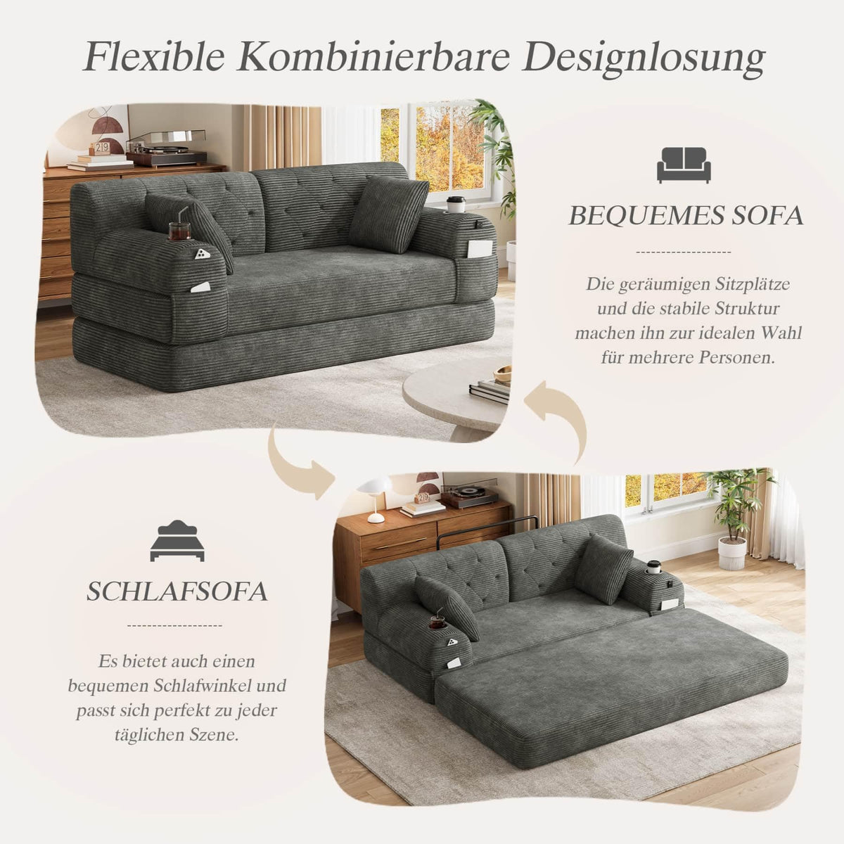 YEHTOKHOME - Sofá de Velor acanalado con respaldo alto y estructura metálica, sofá moderno de 2 plazas con 2 portavasos y 4 bolsillos laterales, para salón, dormitorio (Beige)