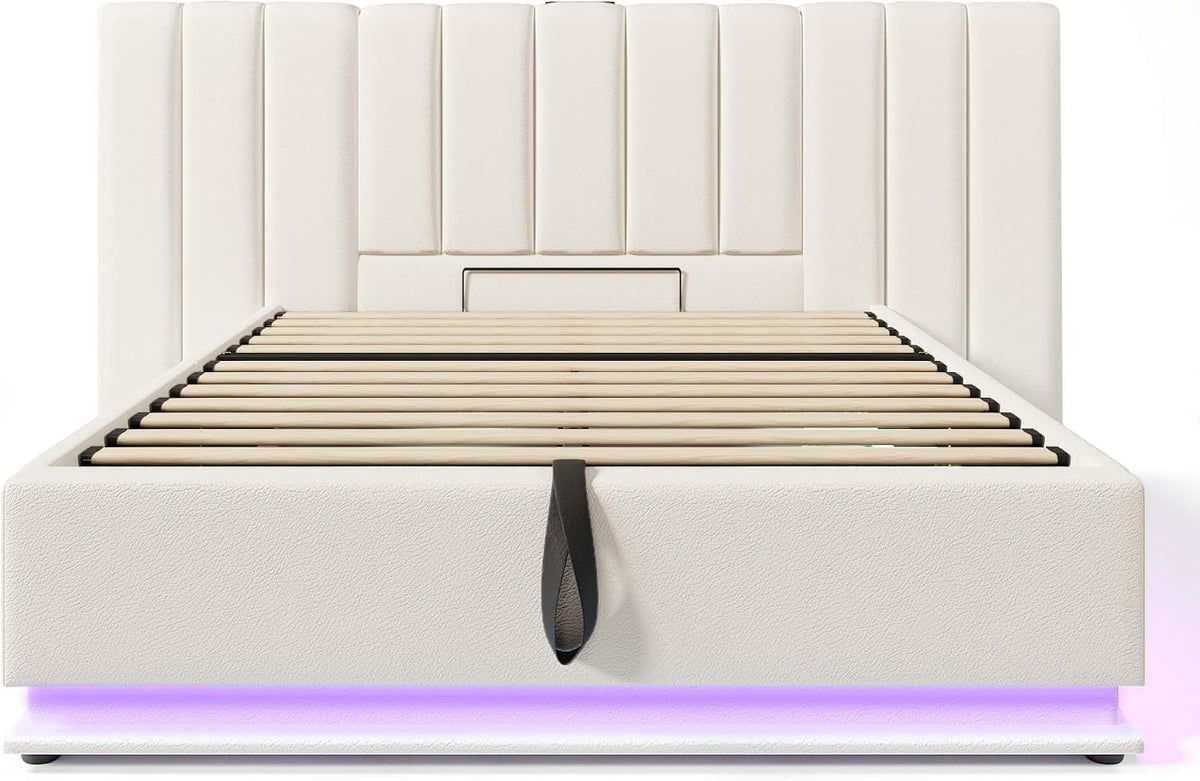 Cama tapizada 180×200cm, Cama Doble con canapé con LED y función de Carga USB-C, PU, sin colchón ni mesita de Noche (Blanco, 180 x 200 cm)