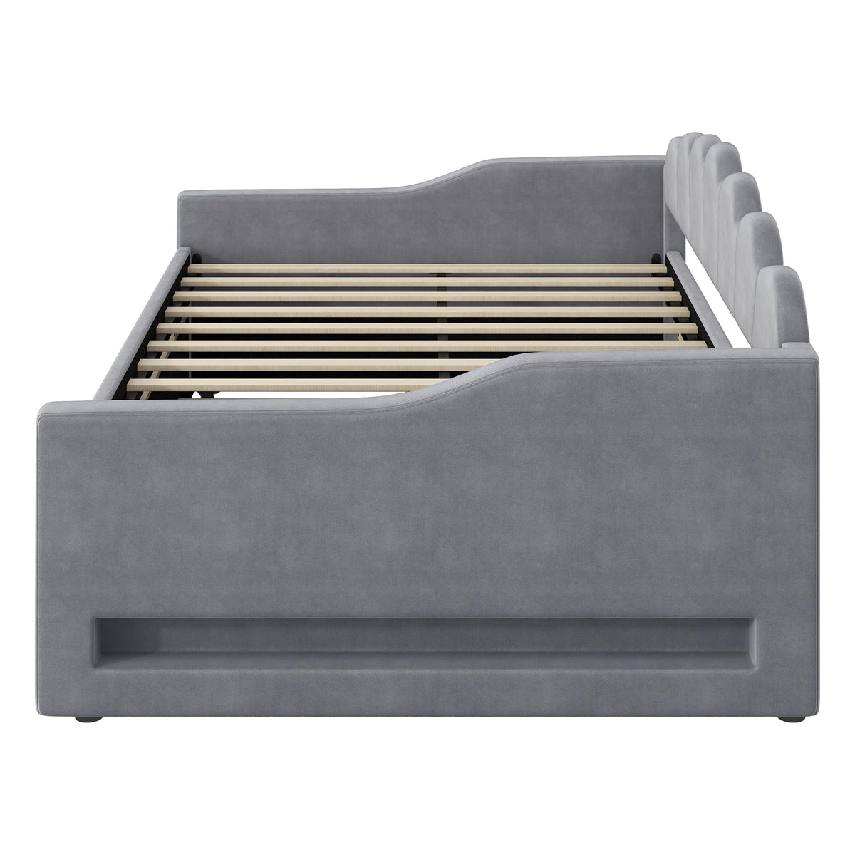 Cama acolchada de 140 x 200 cm con cinturón LED y cama nido (beige)