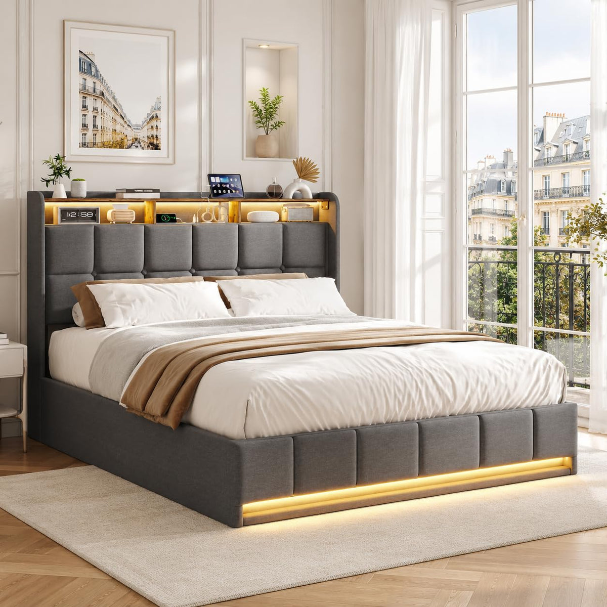 BRILVERDE Cama Tapizada 160x200 con Almacenamiento hidráulico, Cama matrimonial con lámpara de mesita, Cabecero Acolchado y Base de Láminas, Terciopelo (Beige, 160 x 200 cm)