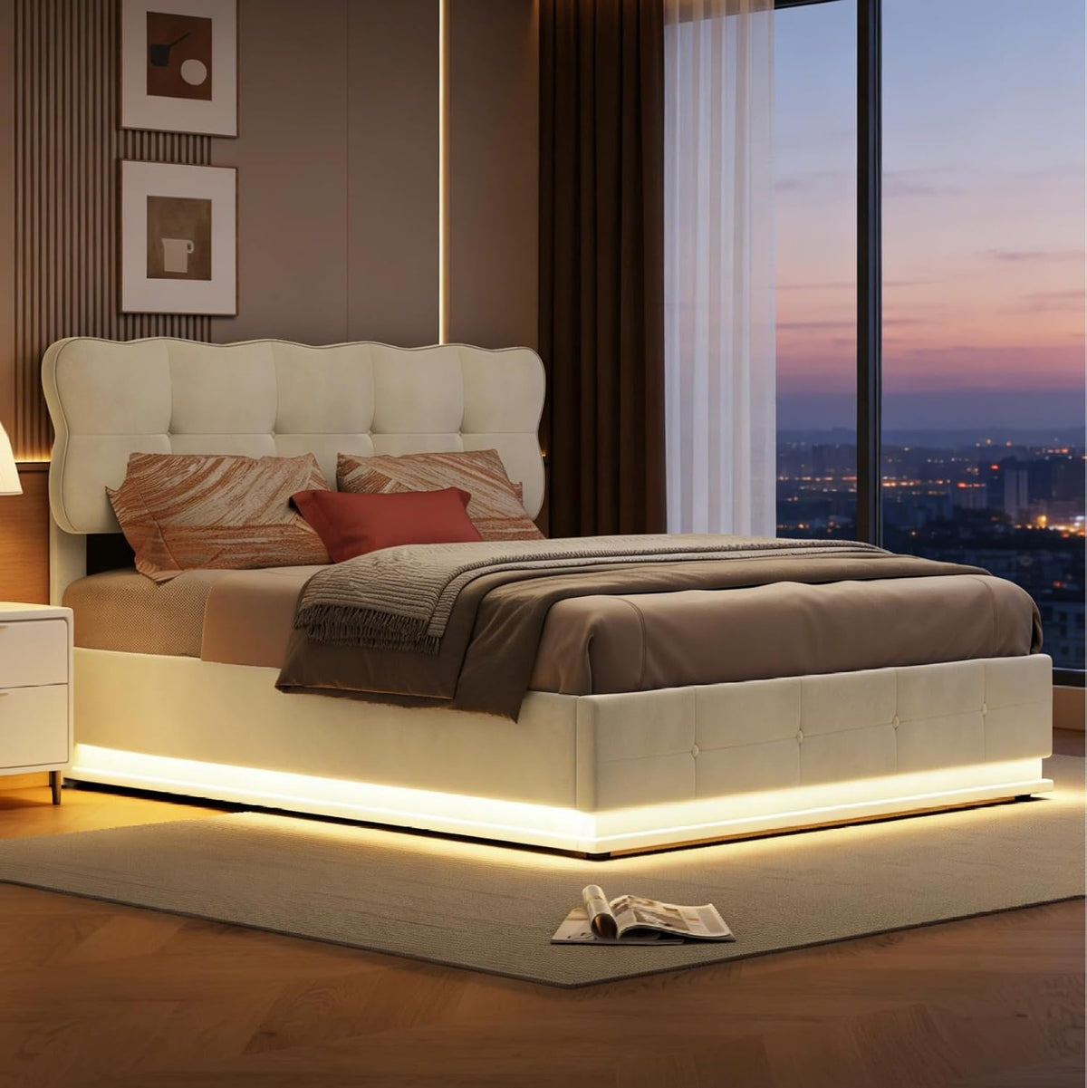 BRILVERDE Cama Tapizada 140x200 con Almacenamiento hidráulico, Cama matrimonial con Toma USB y luz LED, Cabecero Acolchado y Base de Láminas, Terciopelo (Beige, 140 x 200 cm)