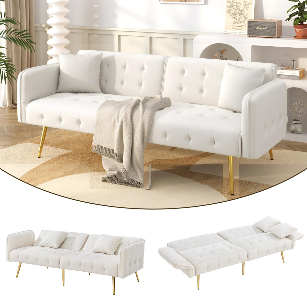 Sofá cama con esquinas ajustables, patas doradas, almohadas y bolsillos laterales para almacenamiento (Bavia)