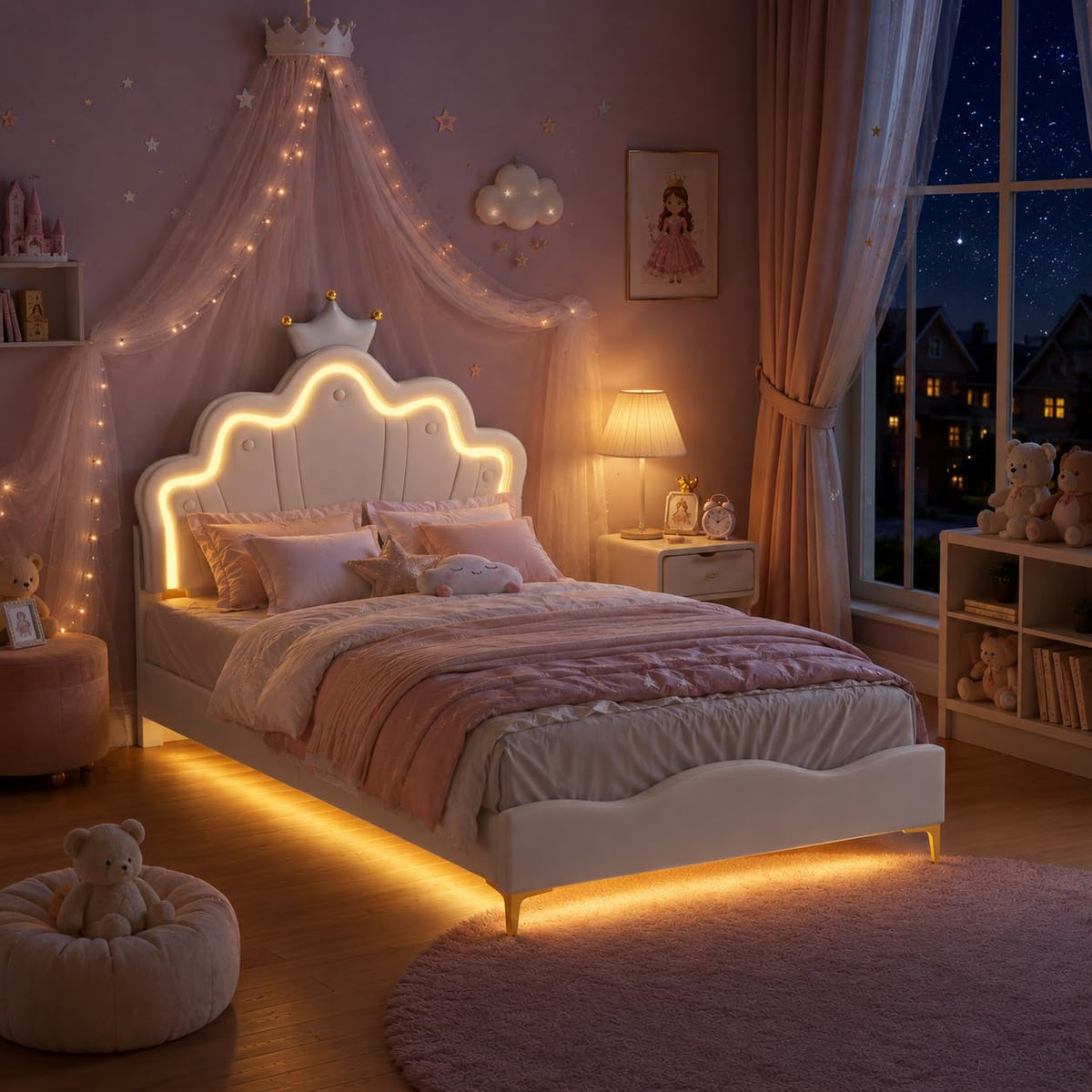 LIVLUX Cama Tapizada 90 x 200 cm, Cama Princesa con Cabezal LED Ajustable y Somier de Lamillas, Cama para Niña, Diseño en Forma de Corona para Niños y Adolescentes (Rosa, 90 x 200 cm)