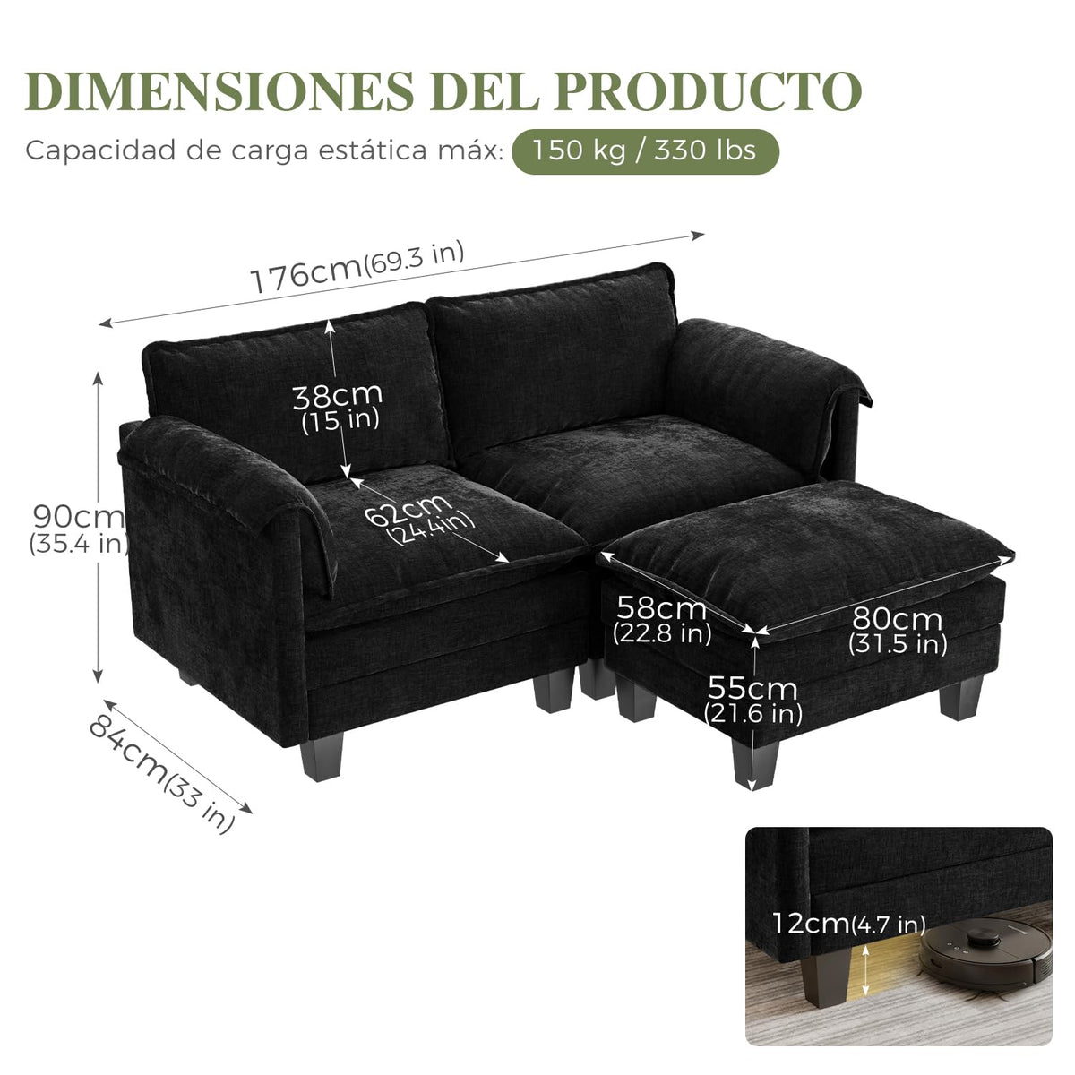 ELUCHANG Sofá Nube Modular 256cm, Sofá de 3 Plazas con Asiento Profundo 62cm, Montaje sin Herramientas, Sofá Moderno de Chenilla para Salón y Habitación, Gris Perla