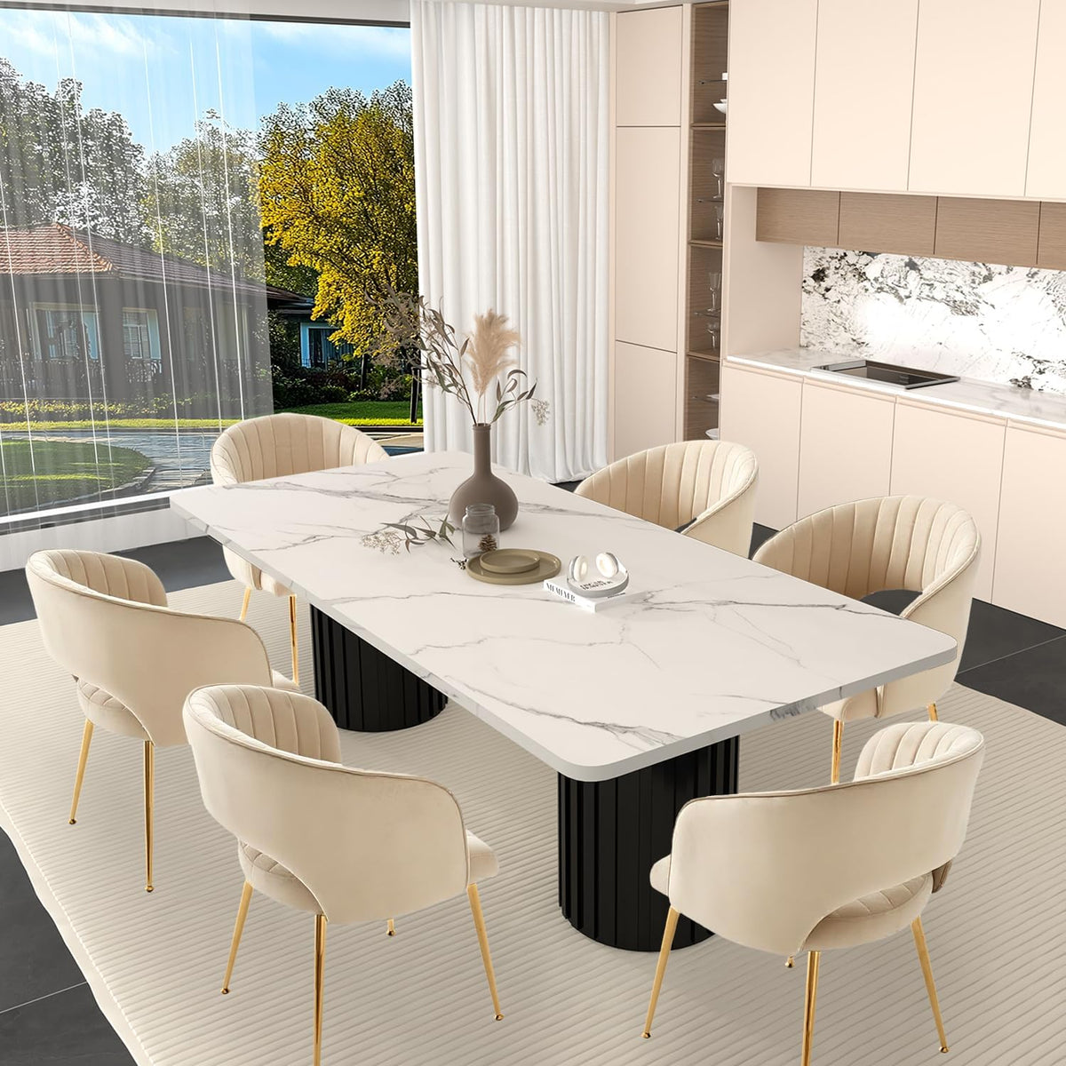 Juego de 6 sillas de comedor de terciopelo, sillas tapizadas con reposabrazos, patas doradas, sillas de cocina, para salón, dormitorio, oficina (6, blanco crema)