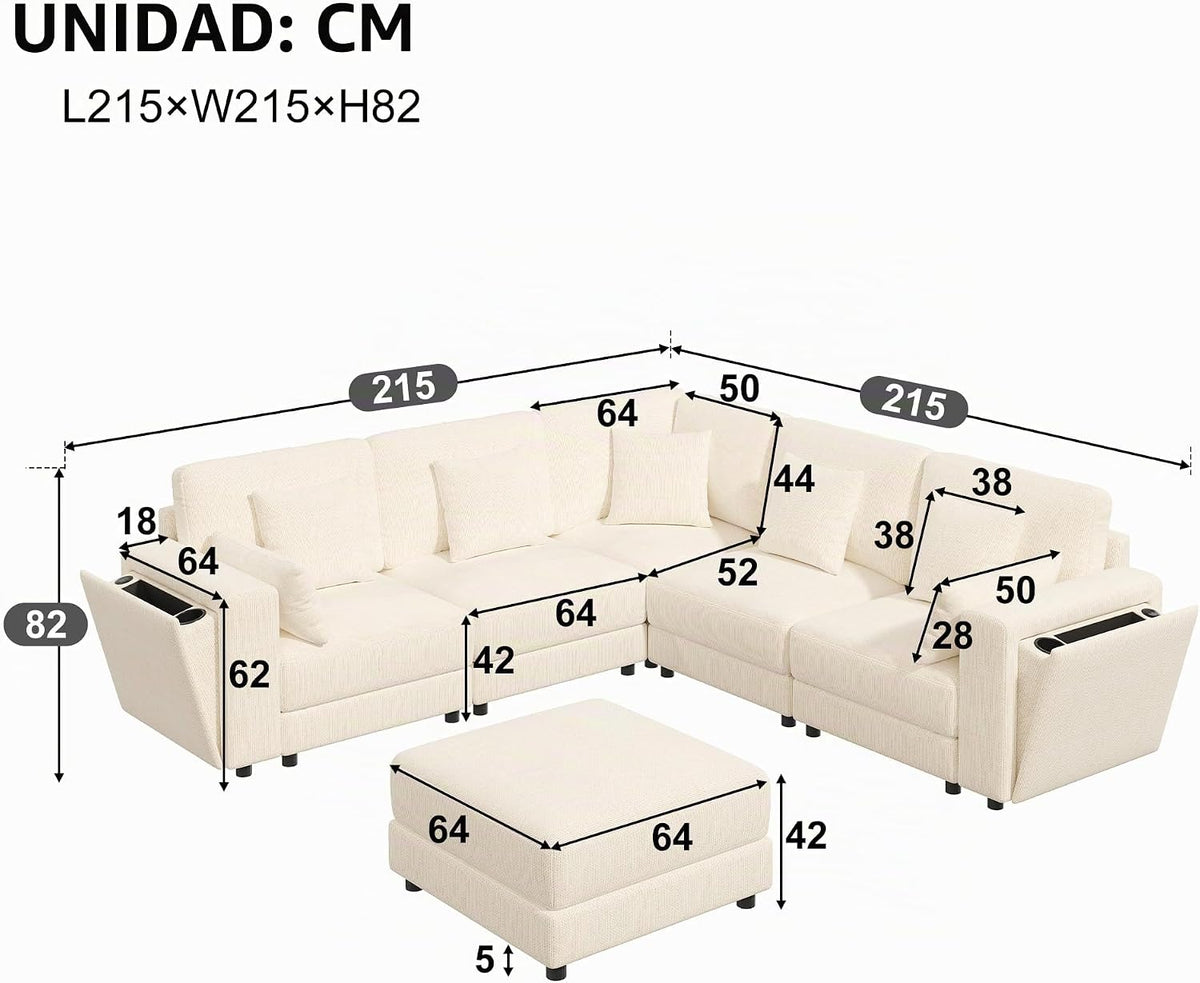 Sofá modular de 6 plazas, sofá esquinero en forma de L/U, puertos USB/tipo C, portavasos y espacio de almacenamiento, tela de chenilla, 7 cojines, salón, dormitorio y oficina, color beige