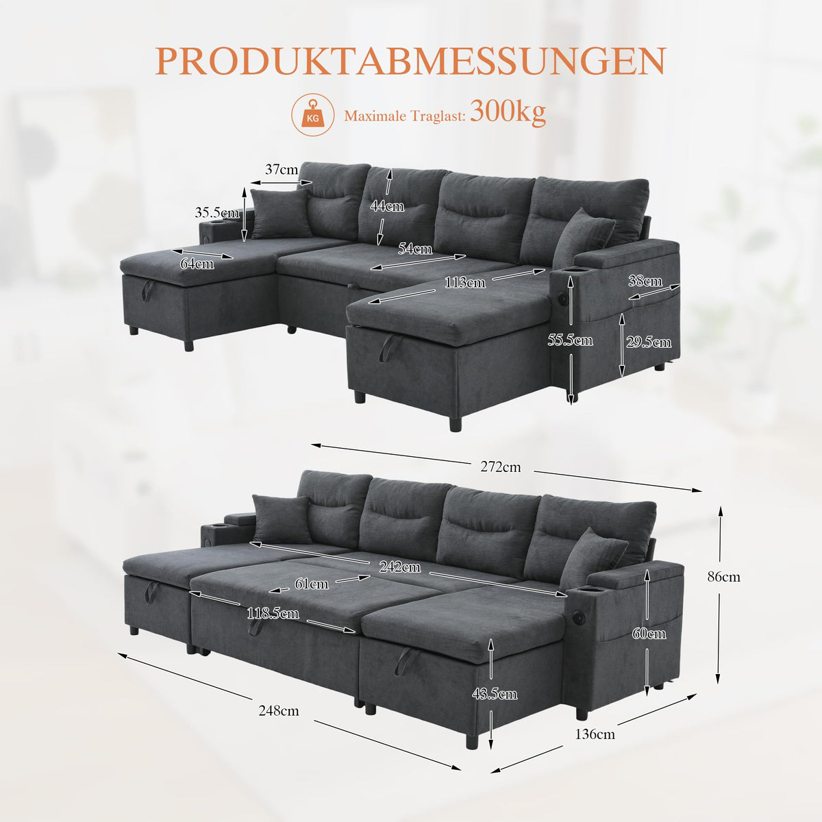 Dolamaní Sofá moderno de 4 plazas de tela de lino con espacio de almacenamiento y función de dormir, sofá cama con cajonera extensible en forma de L para casa y salón (beige B)