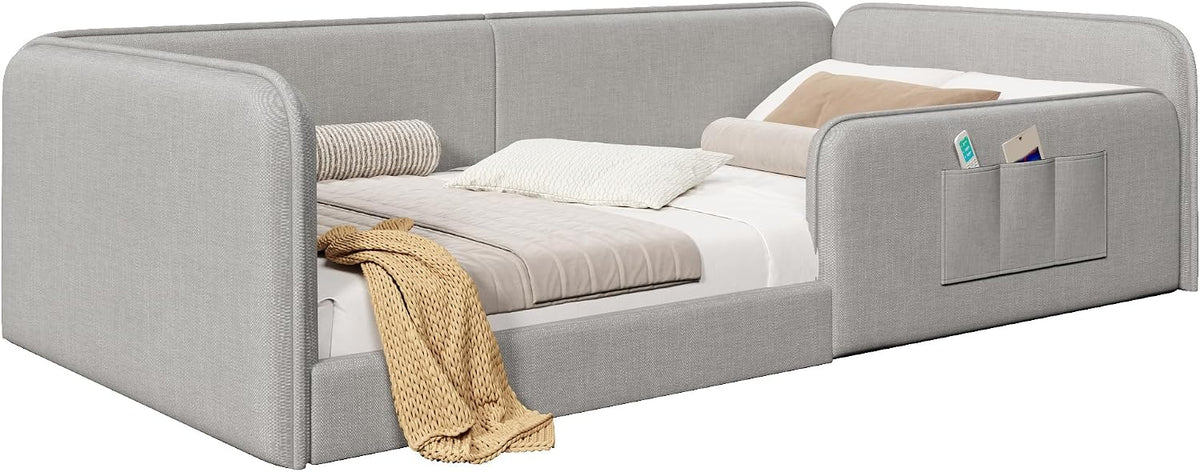 Cama con plataforma 90 x 200 cm con funda de lino suave, acolchado de espuma con marco de seguridad integral, color gris