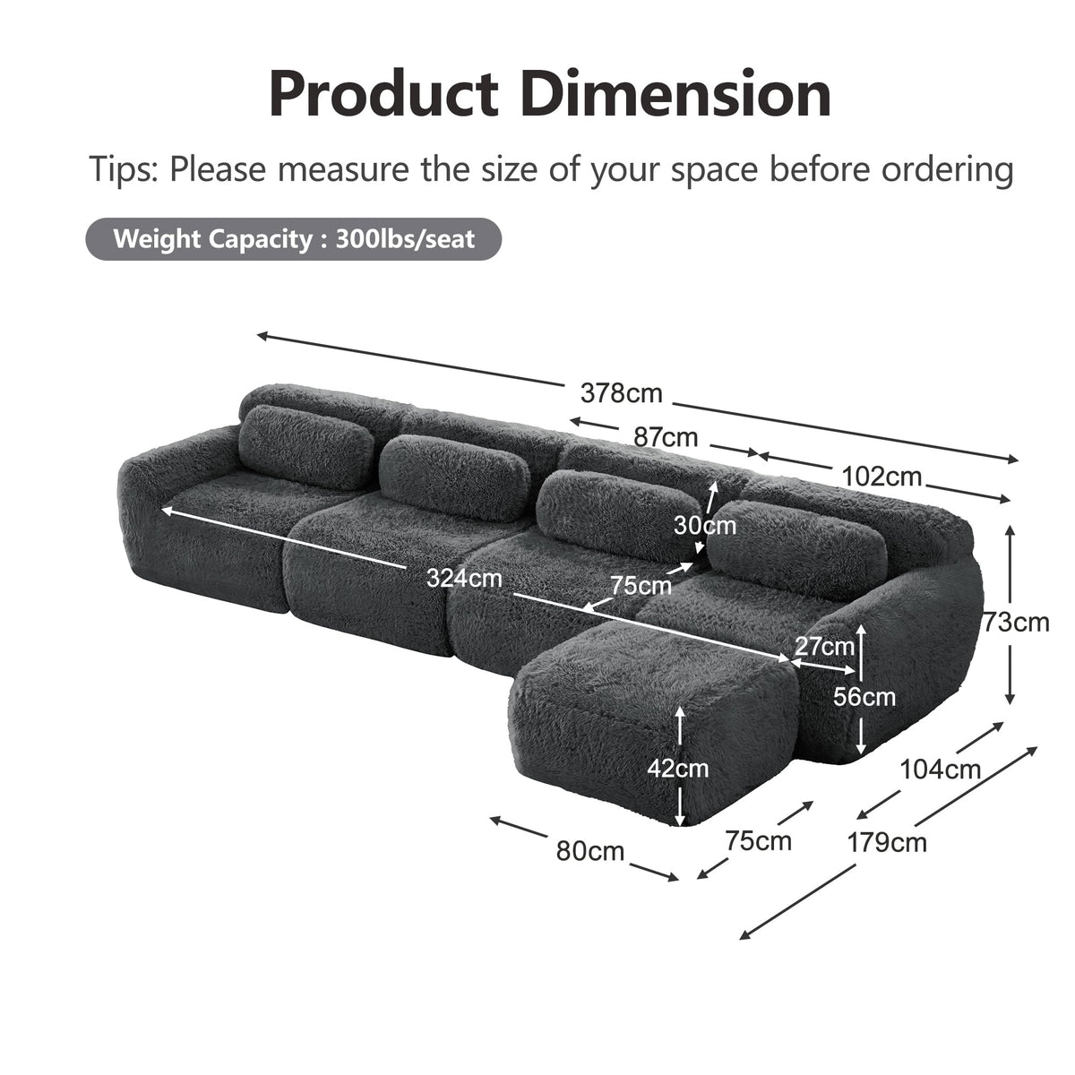 Sofá modular combinable en forma de L de 4 plazas, tejido de felpa con cojines, espuma de alta elasticidad, diseño chaise longue para salón o dormitorio (negro)
