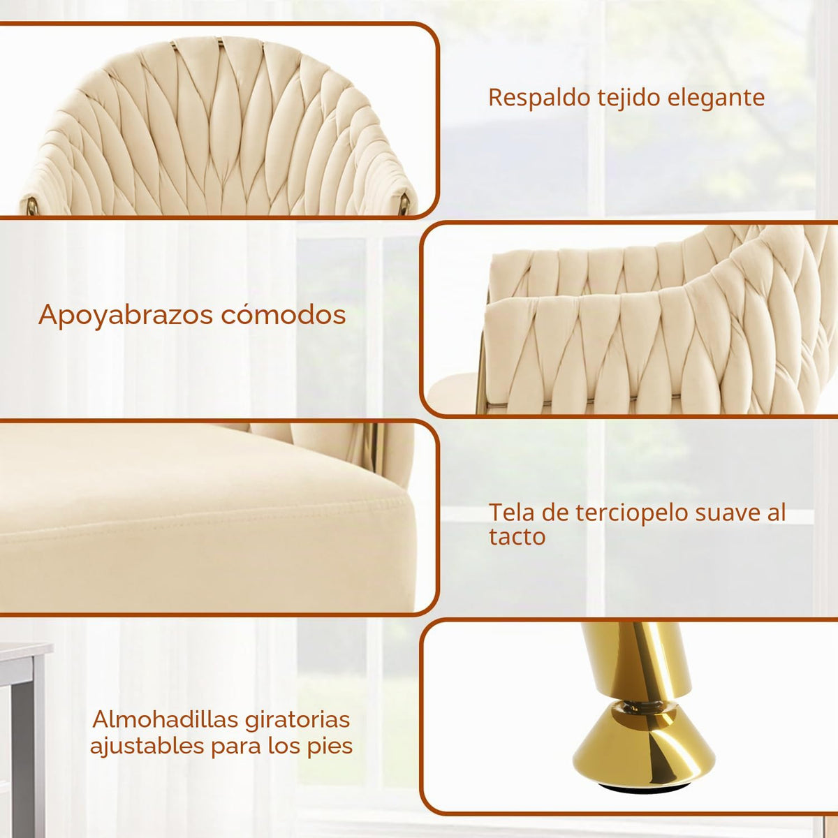 Juego de 4 sillas de comedor de terciopelo, sillones de salón, sillas de comedor con reposabrazos, sillas de cocina con respaldo alto trenzado a mano, silla de tocador con patas doradas