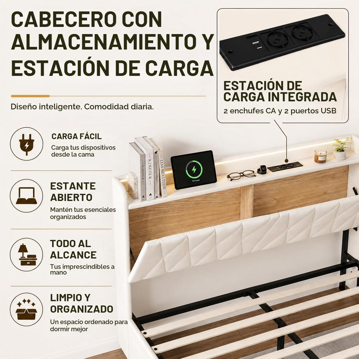 BRILVERDE Cama Tapizada 160x200 con Almacenamiento, Cama matrimonial con cajones, Cama Nido con LED, Cabecero Acolchado y Base de Láminas, Terciopelo (Beige, 160 x 200 cm)