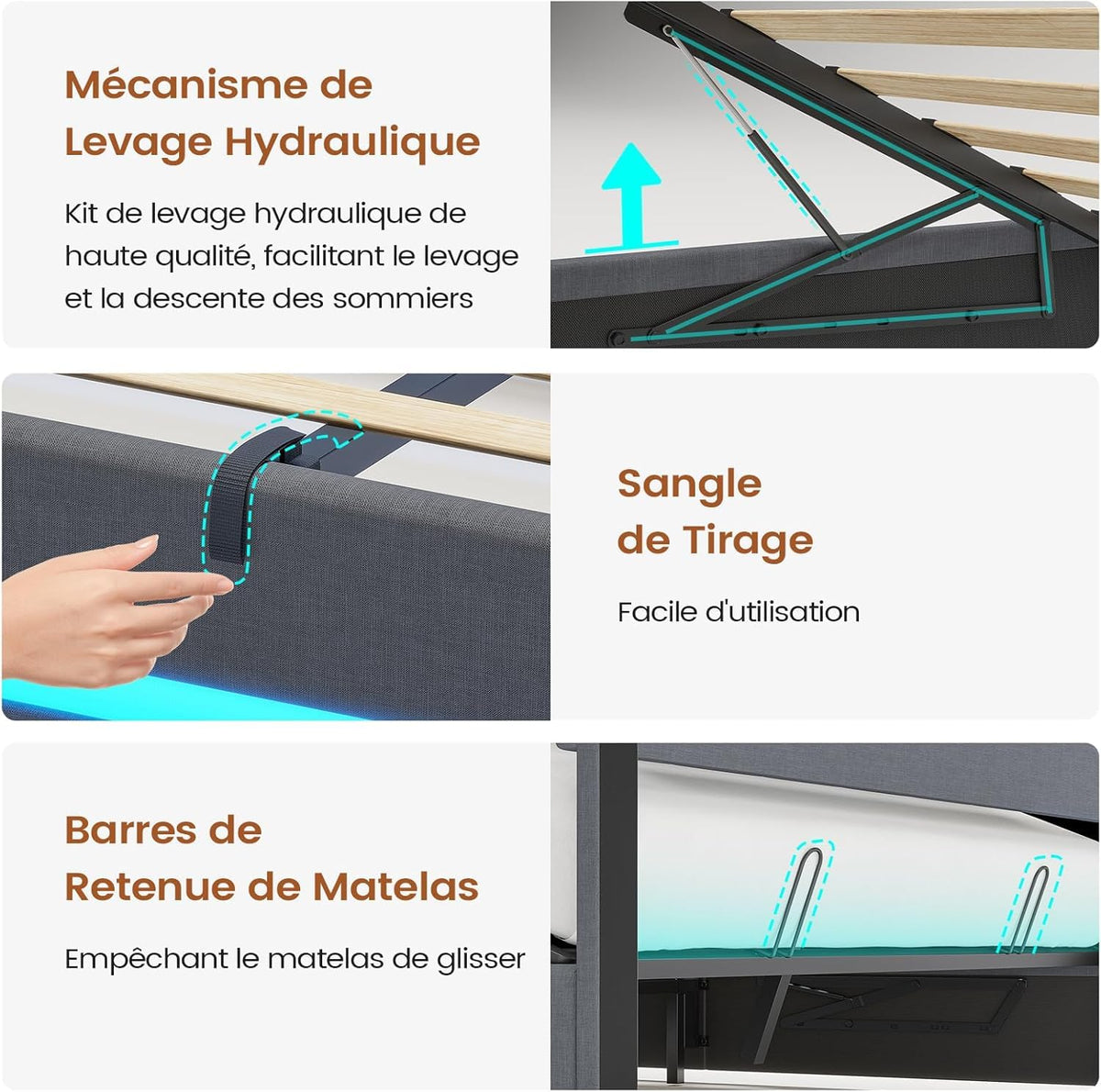AOGLLATI Camas Matrimoniales 140x190 cm con Almacenamiento Hidráulico, Cama Canapé con Cabecero Ajustable, Estructura de Cama con Luces LED y Estación de Carga (USB y Tipo-C), Gris Oscuro