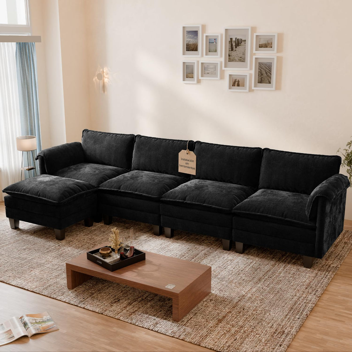 ELUCHANG Sofá Nube Modular 256cm, Sofá de 3 Plazas con Asiento Profundo 62cm, Montaje sin Herramientas, Sofá Moderno de Chenilla para Salón y Habitación, Gris Perla