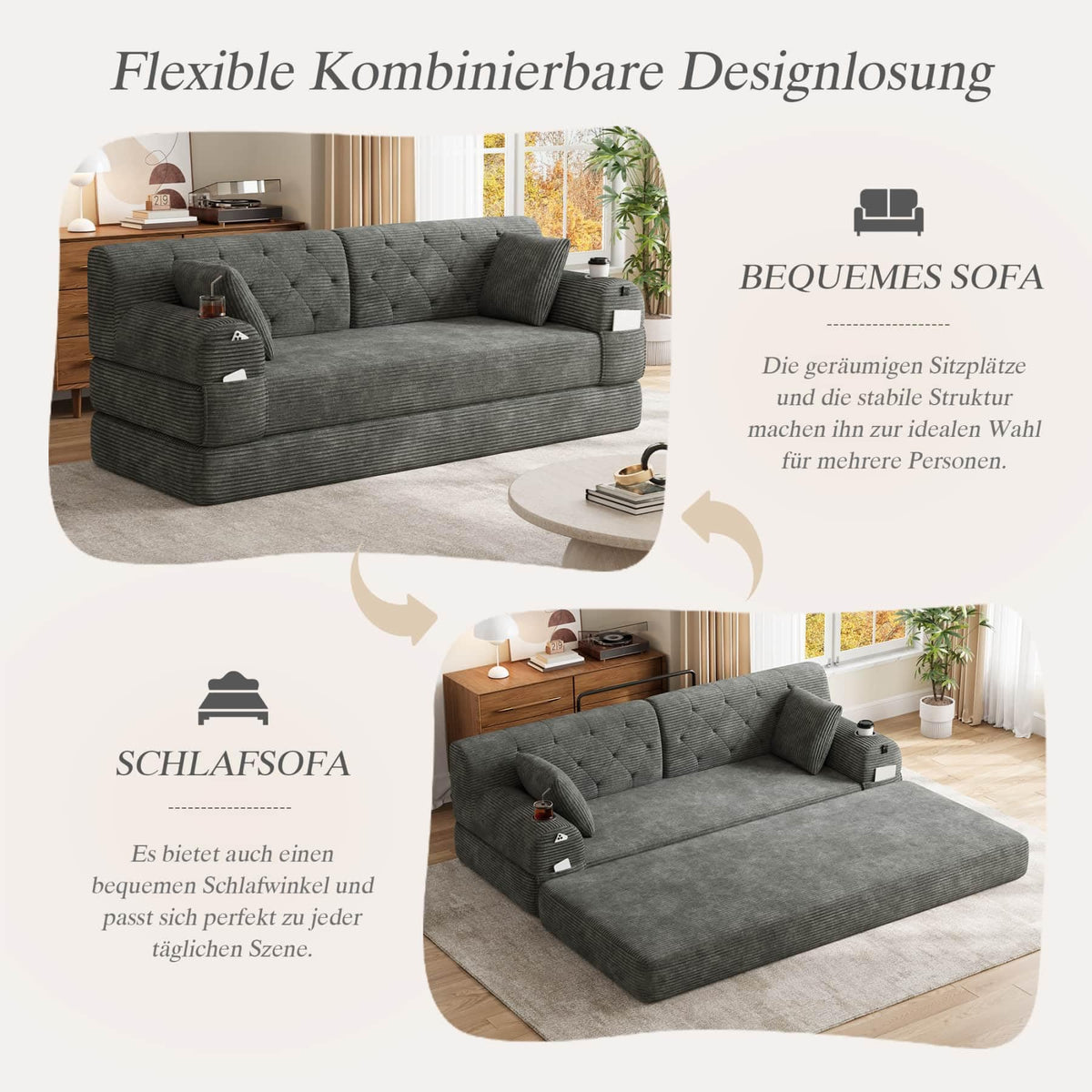 YEHTOKHOME - Sofá de Velor acanalado con respaldo alto y estructura metálica, sofá moderno de 2 plazas con 2 portavasos y 4 bolsillos laterales, para salón, dormitorio (Beige)