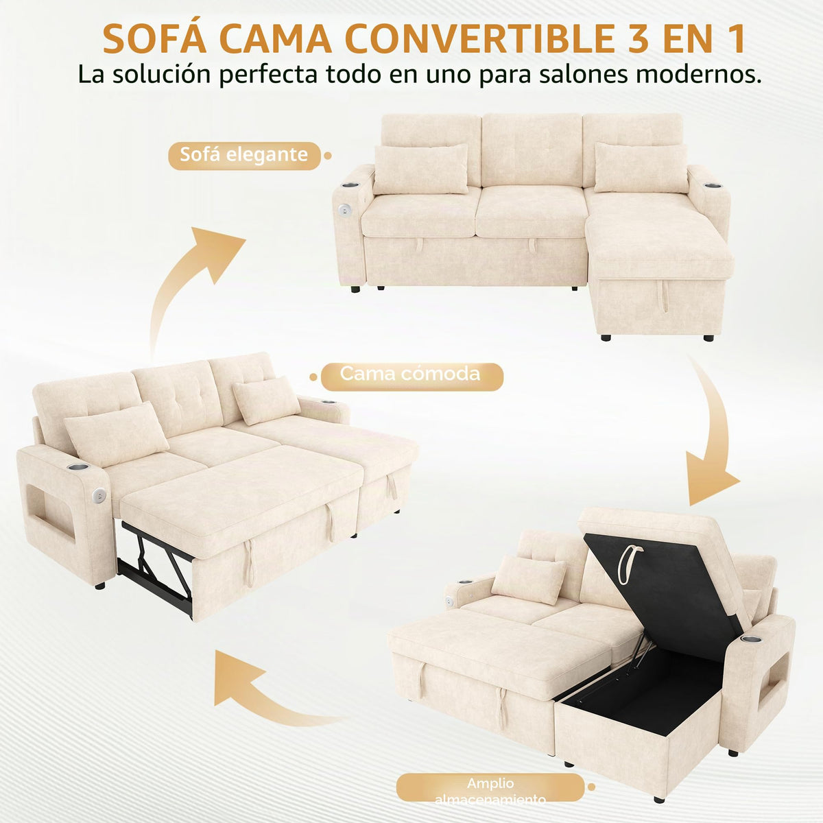 Sapgaks Sofá de esquina convertible de 6 plazas con USB, sofá convertible de 6 plazas, sofá de 6 plazas, en chenilla, con apoyabrazos en forma de librería, puf extraíble para configuraciones en L y en
