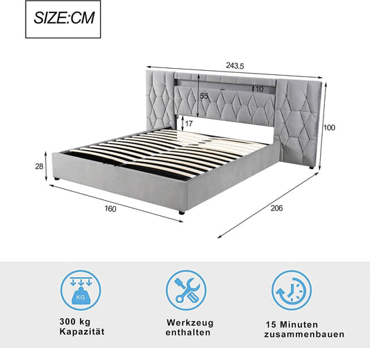 Elegante cama tapizada de 160 x 200 cm, con respaldo grande, cama de terciopelo con LED y enchufe USB, cama clásica, sistema de almacenamiento hidráulico (gris)